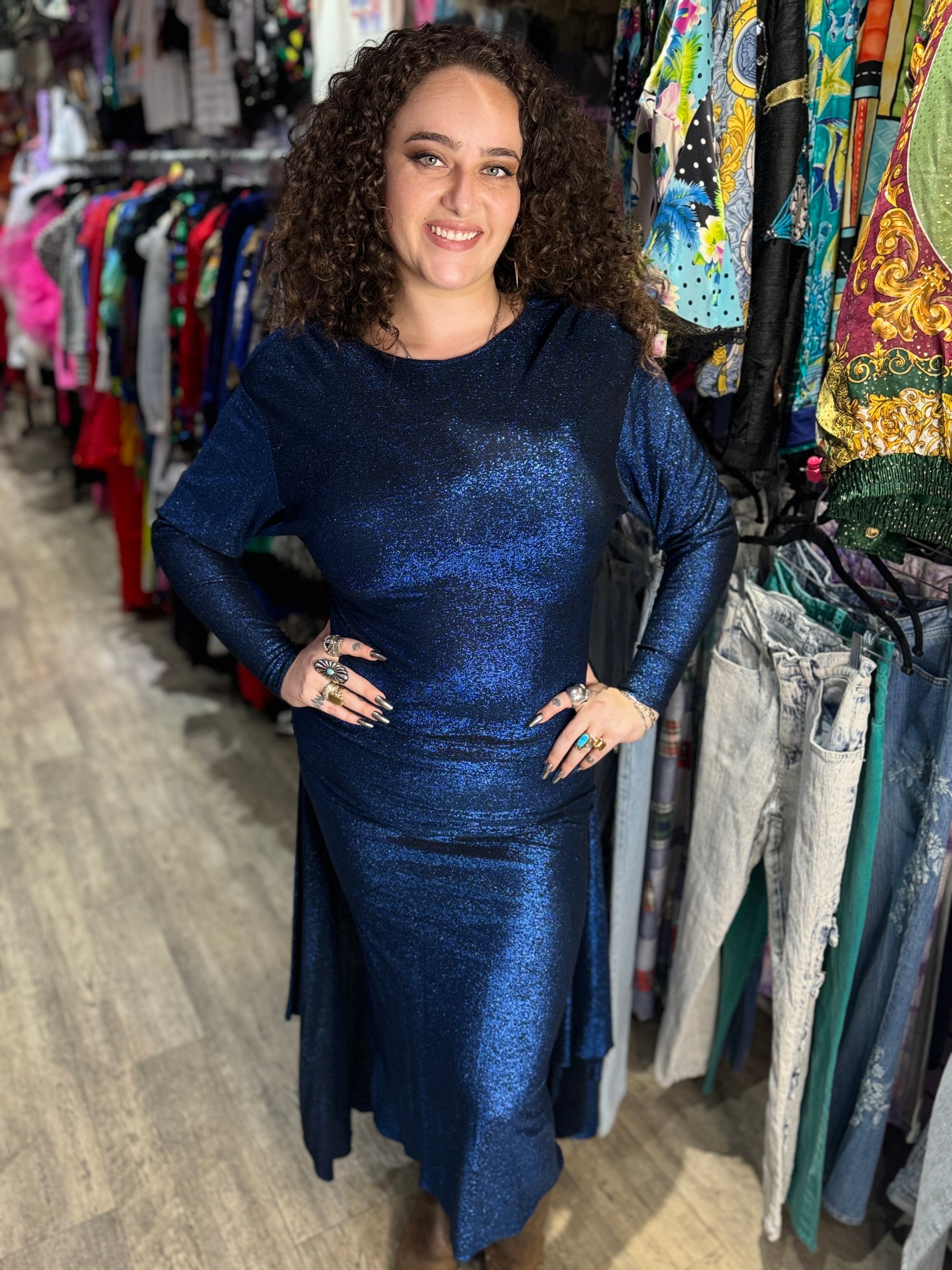 Vintage 80s Blue Metallic Draped Dress – Spark Pretty Vintage 80s Blue Metallic Draped Dress – Spark Pretty