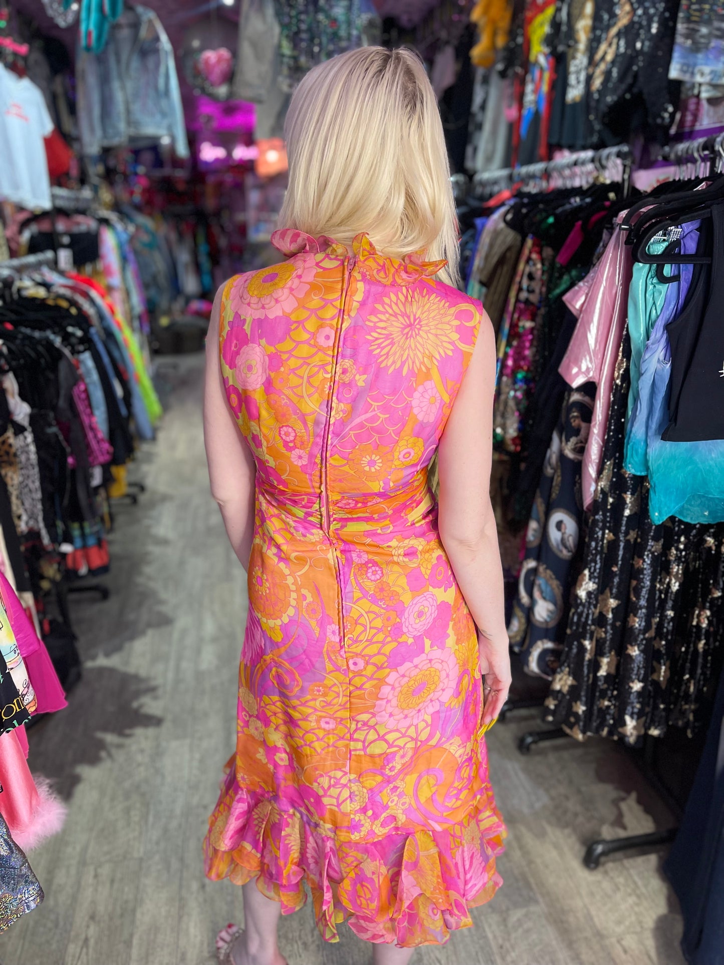 Vintage 60s 70s Groovy Ruffle Midi Dress - Spark Pretty