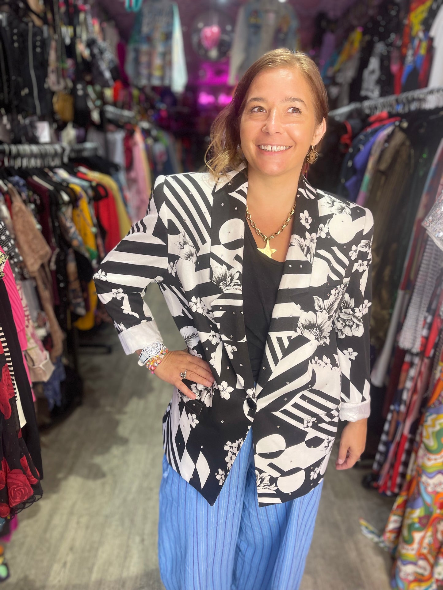 Vintage 90s Mix Print Black and White Geometric Blazer