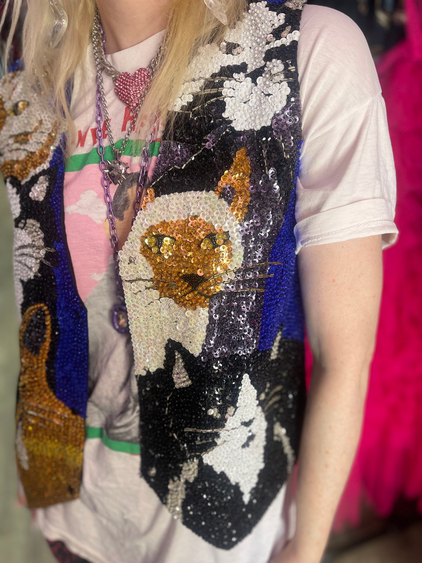 Vintage 90s Sequin Cats Theme Sequin Vest - Spark Pretty