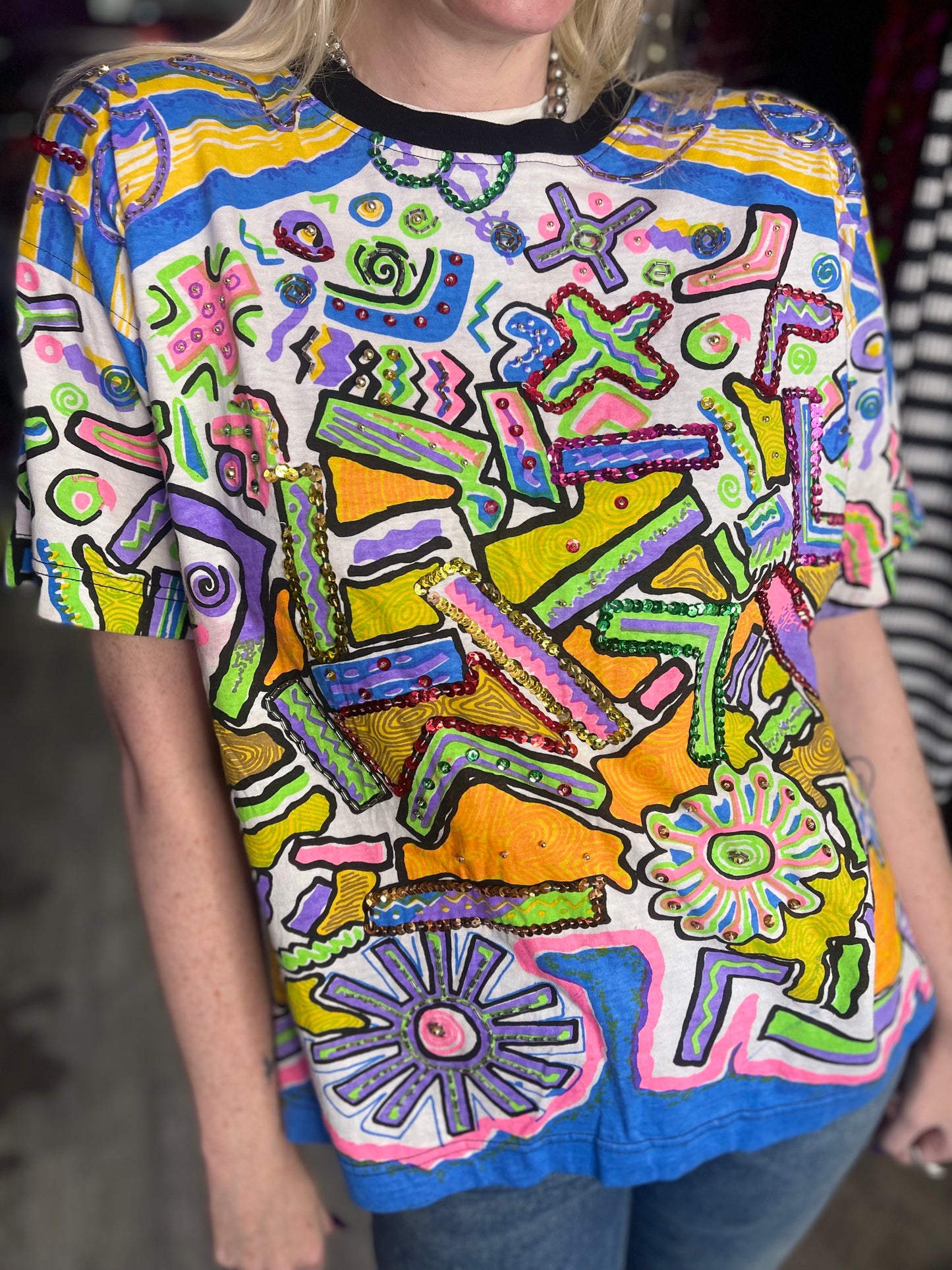 Vintage 90s Colorful Geometric Mix Print Sequin Shirt