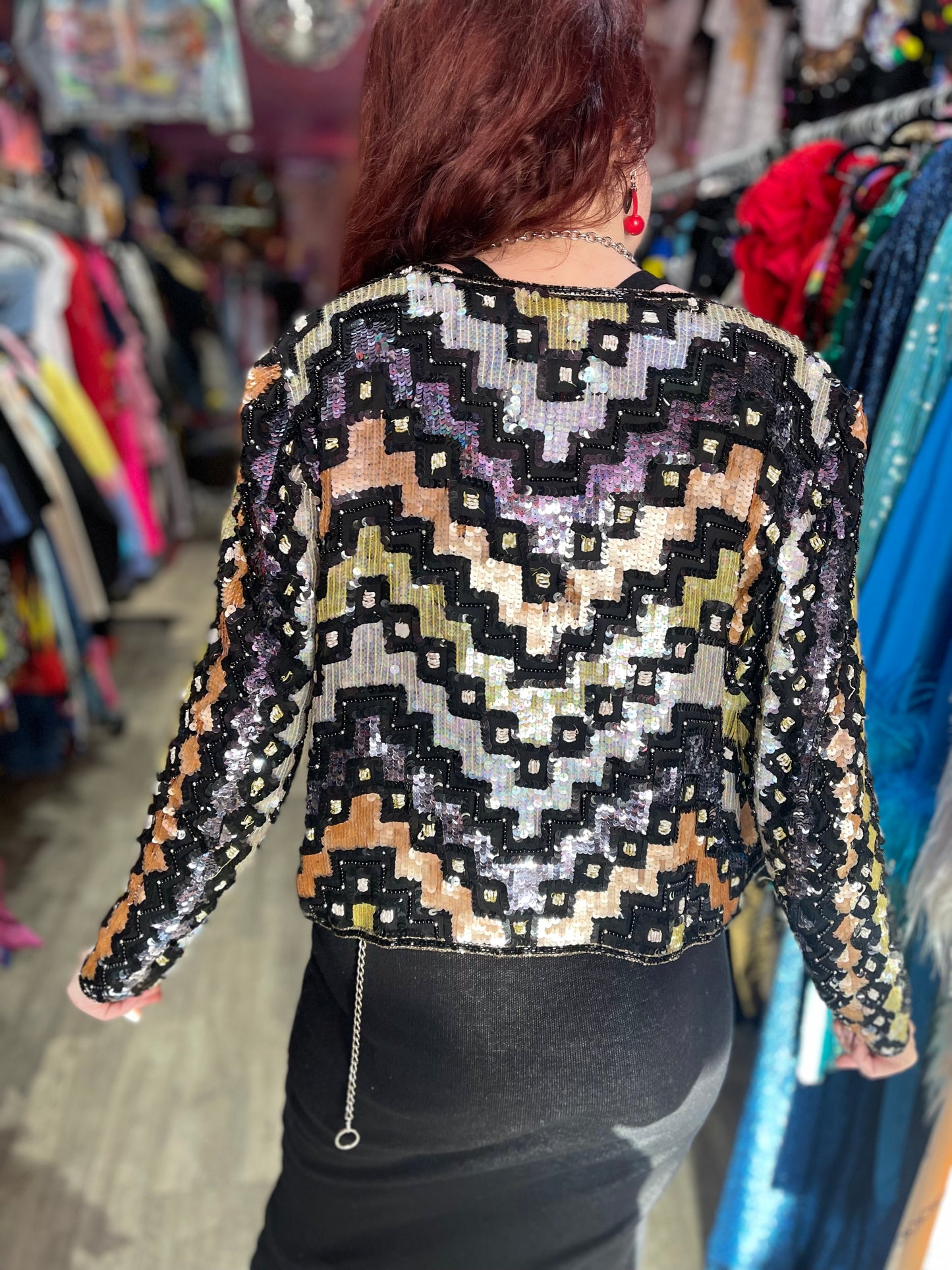 Vintage 90s Geometric Zig Zag Sequin Bolero Jacket