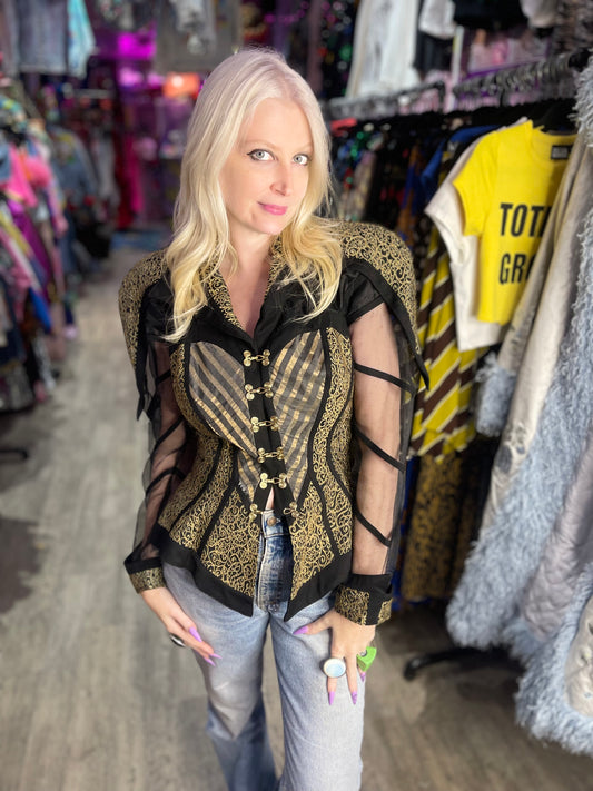 Vintage 90s Gold and Black Status Print Peplum Jacket