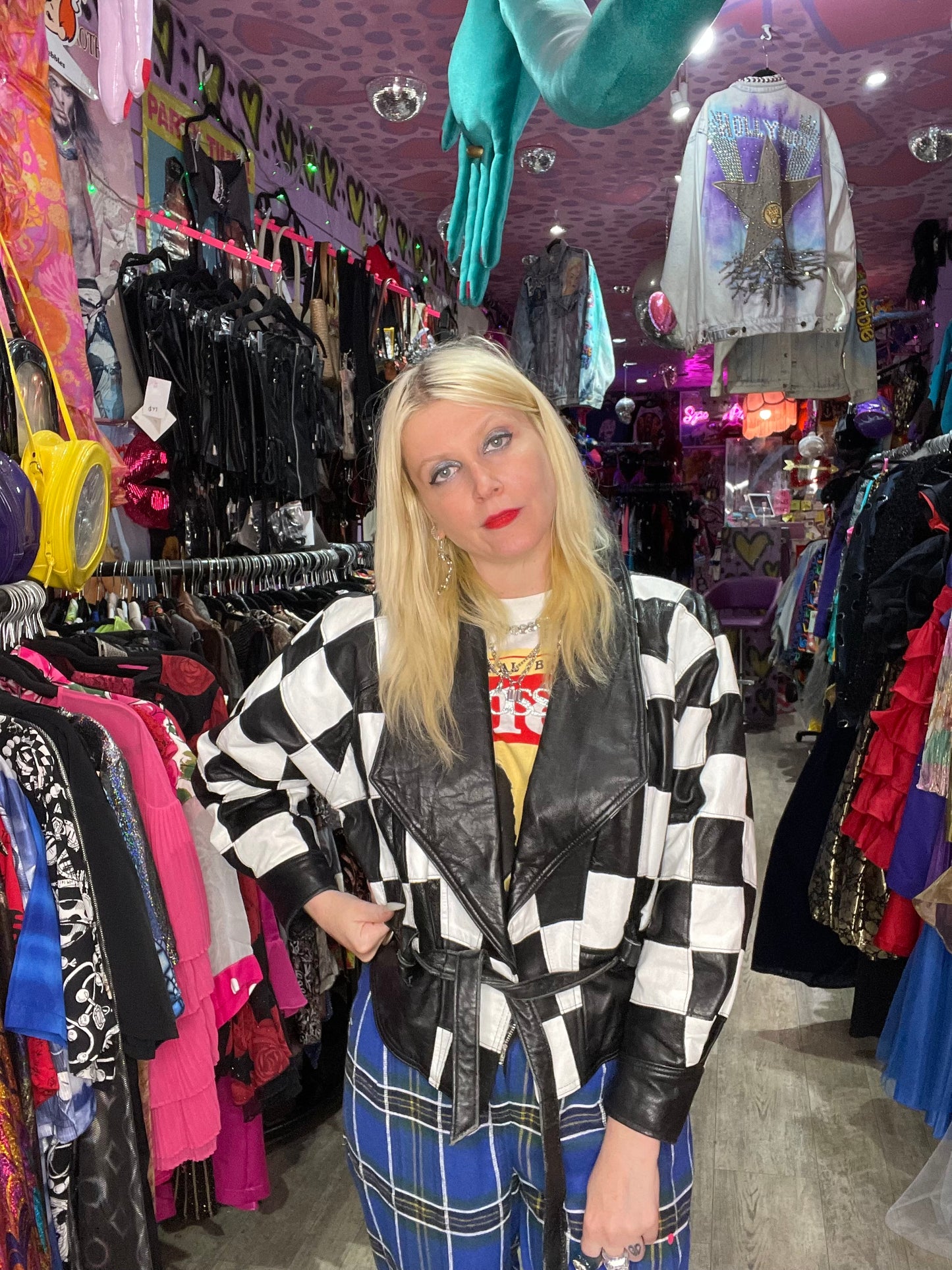 Vintage 80s Black & White Check Leather Jacket