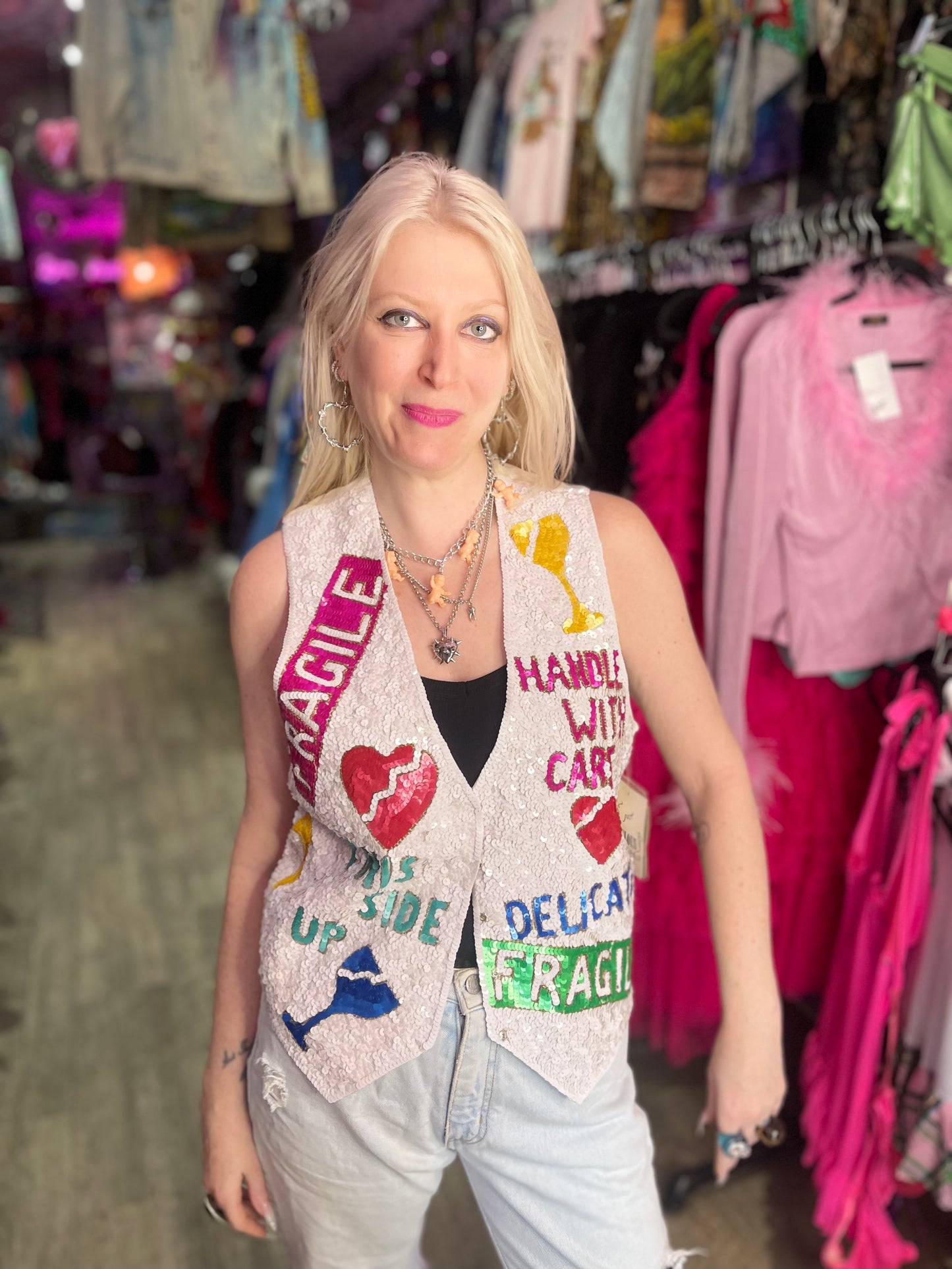 Vintage 90s Sequin Fragile Theme Vest - Spark Pretty