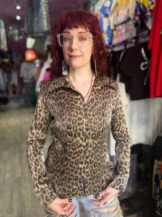 Vintage 90s Shiny Leopard Blouse