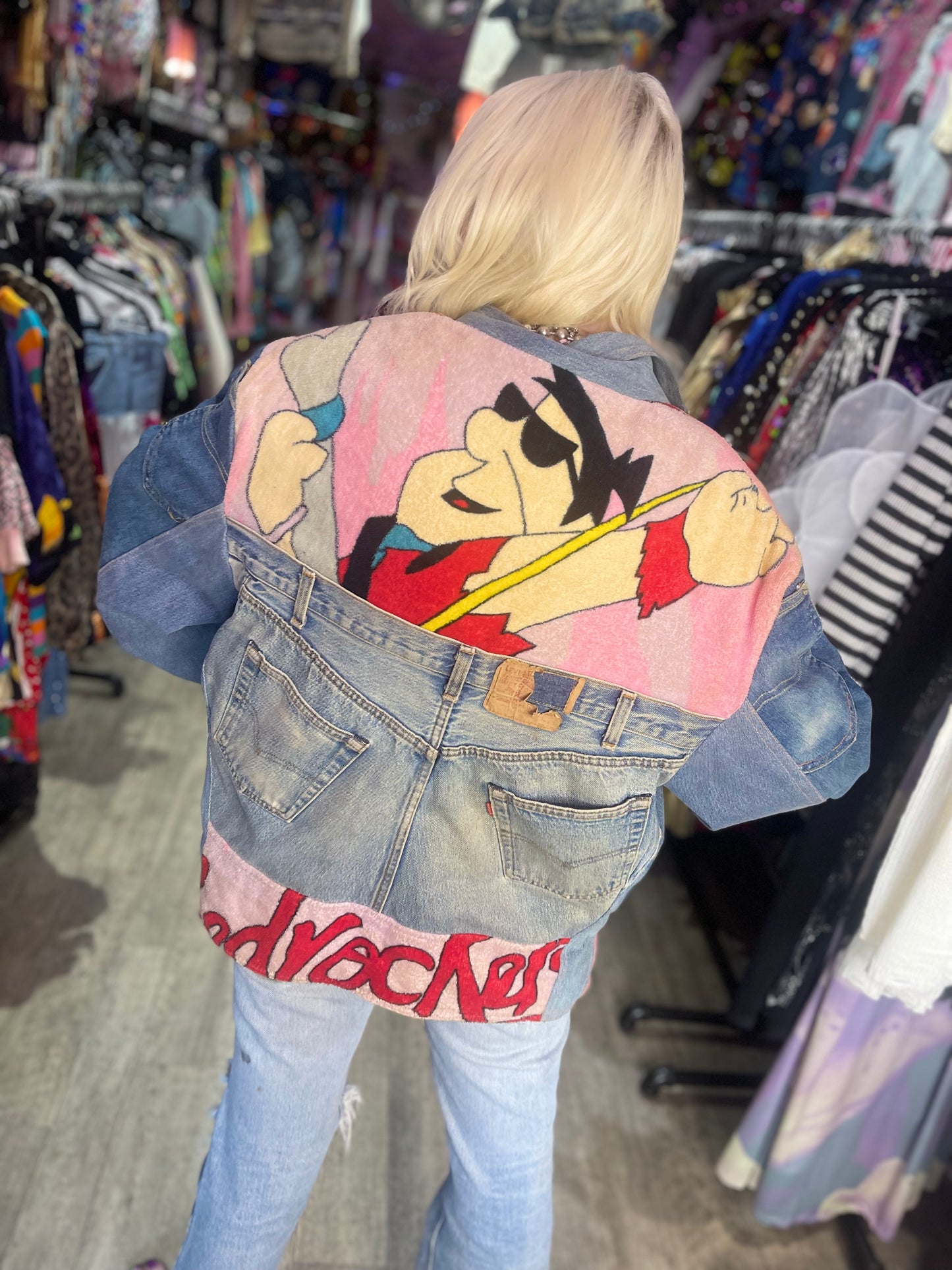 Vintage 80s Patchwork Flintstones Jean Jacket