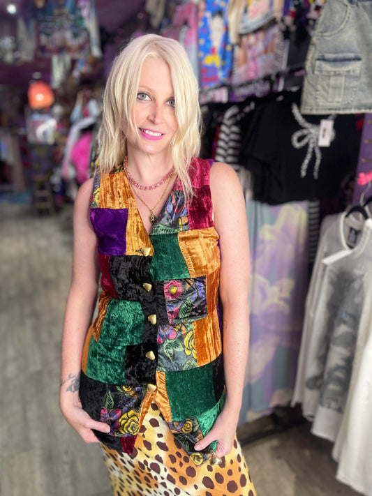 Vintage 90s Velvety Patchwork Vest