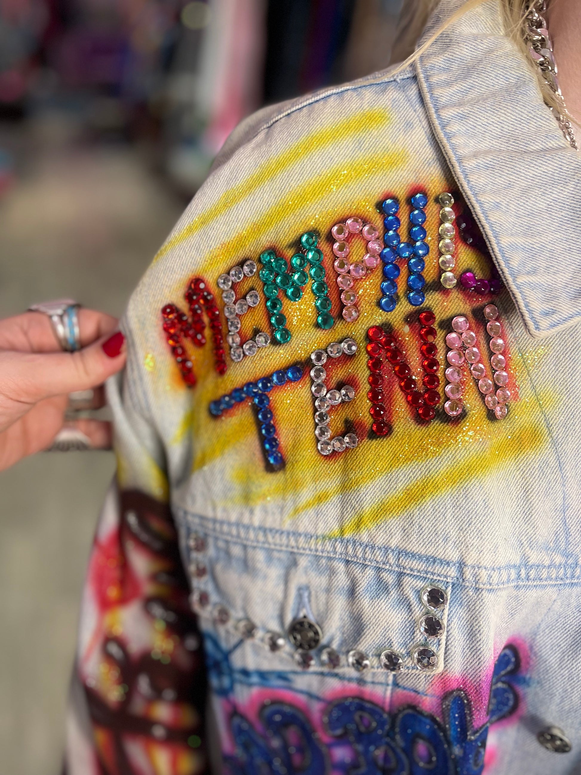 Vintage 80s Painted Bedazzled Elvis Jean Jacket - Spark Pretty
