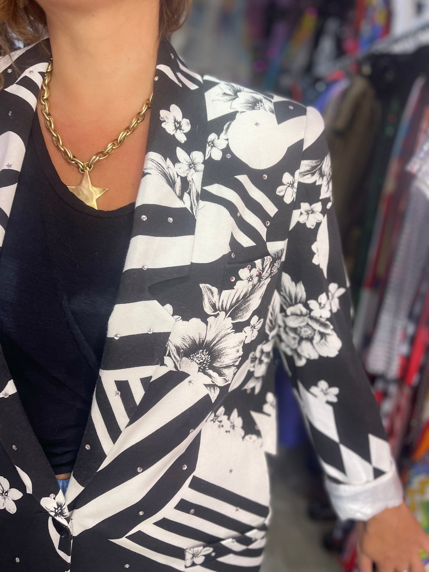 Vintage 90s Mix Print Black and White Geometric Blazer