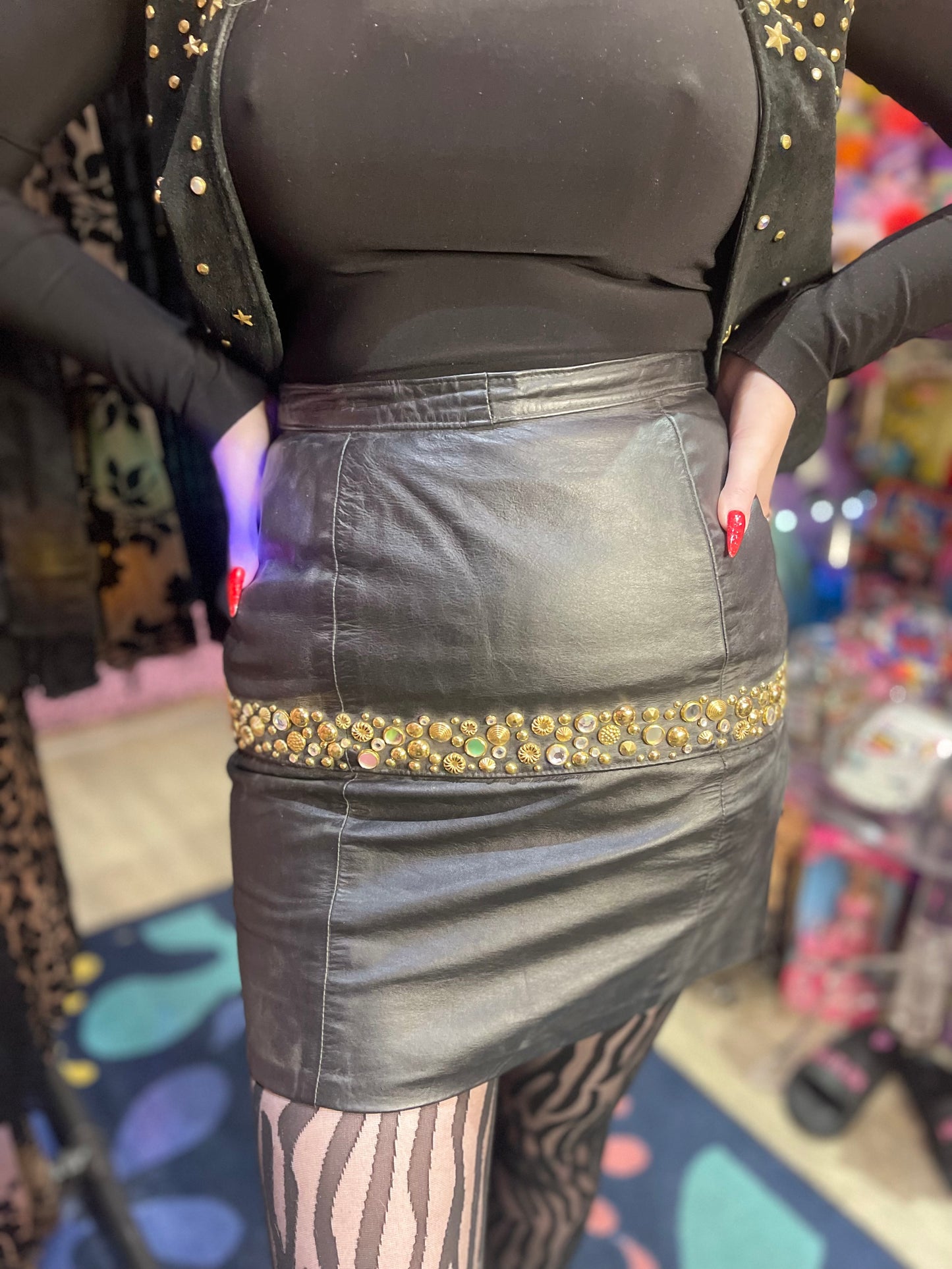 Vintage 80s Studded and Bedazzled Leather Mini Skirt