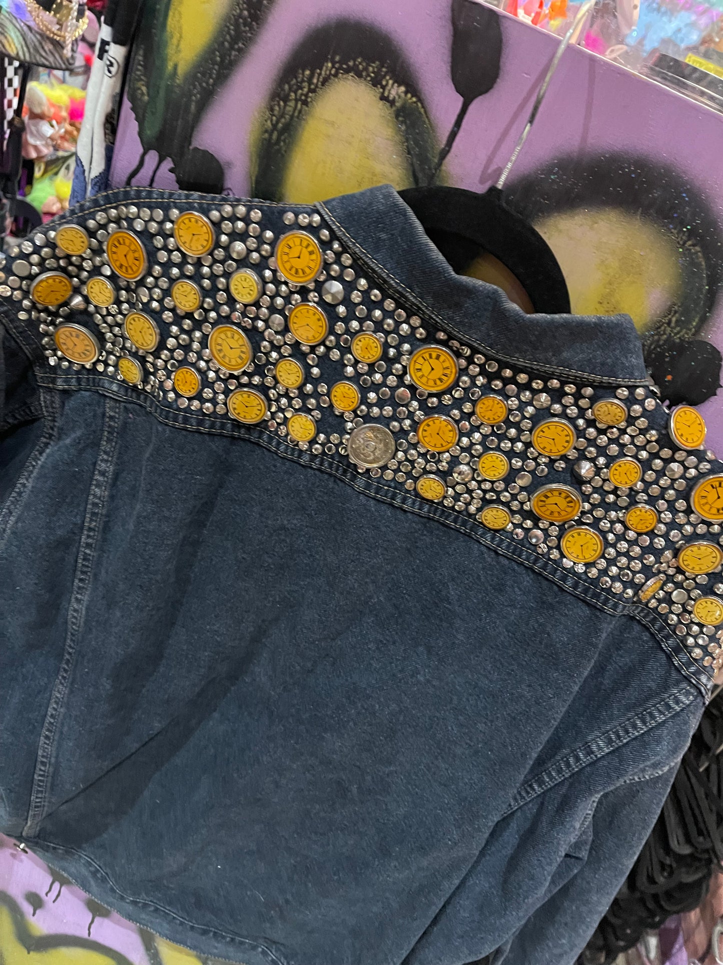 Vintage 80s Studded Clocks Jean Jacket