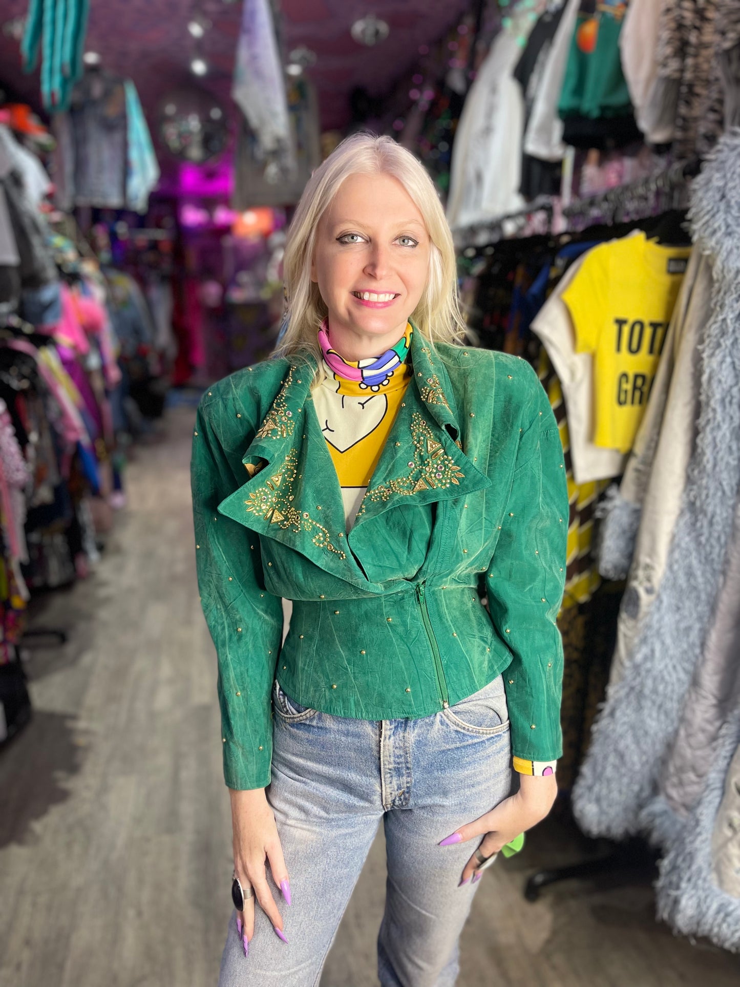 Vintage 90s Jewel Green Bedazzled Studded Moto Jacket