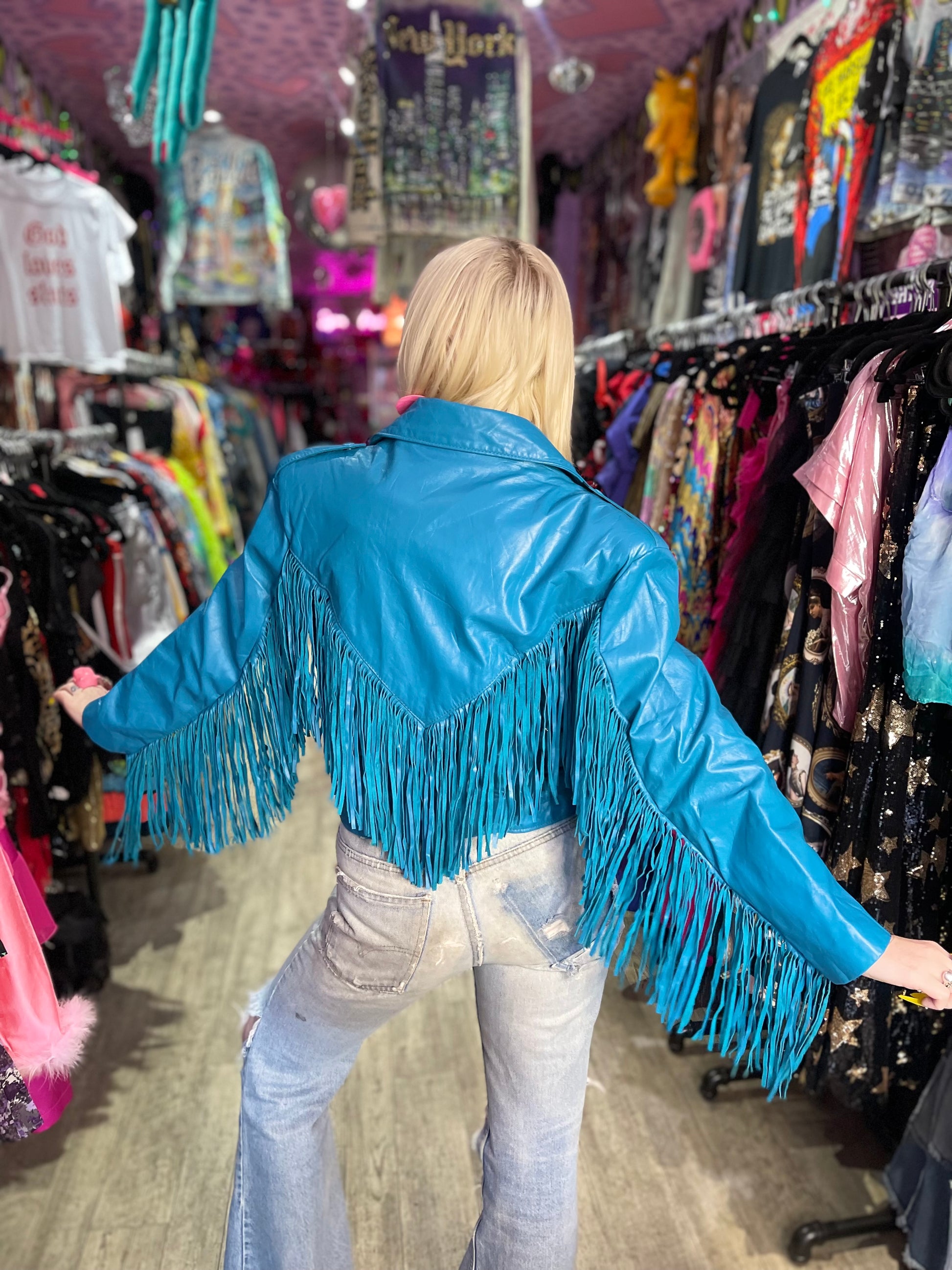 Vintage 80s Turquoise Blue Leather Fringe Moto Jacket - Spark Pretty
