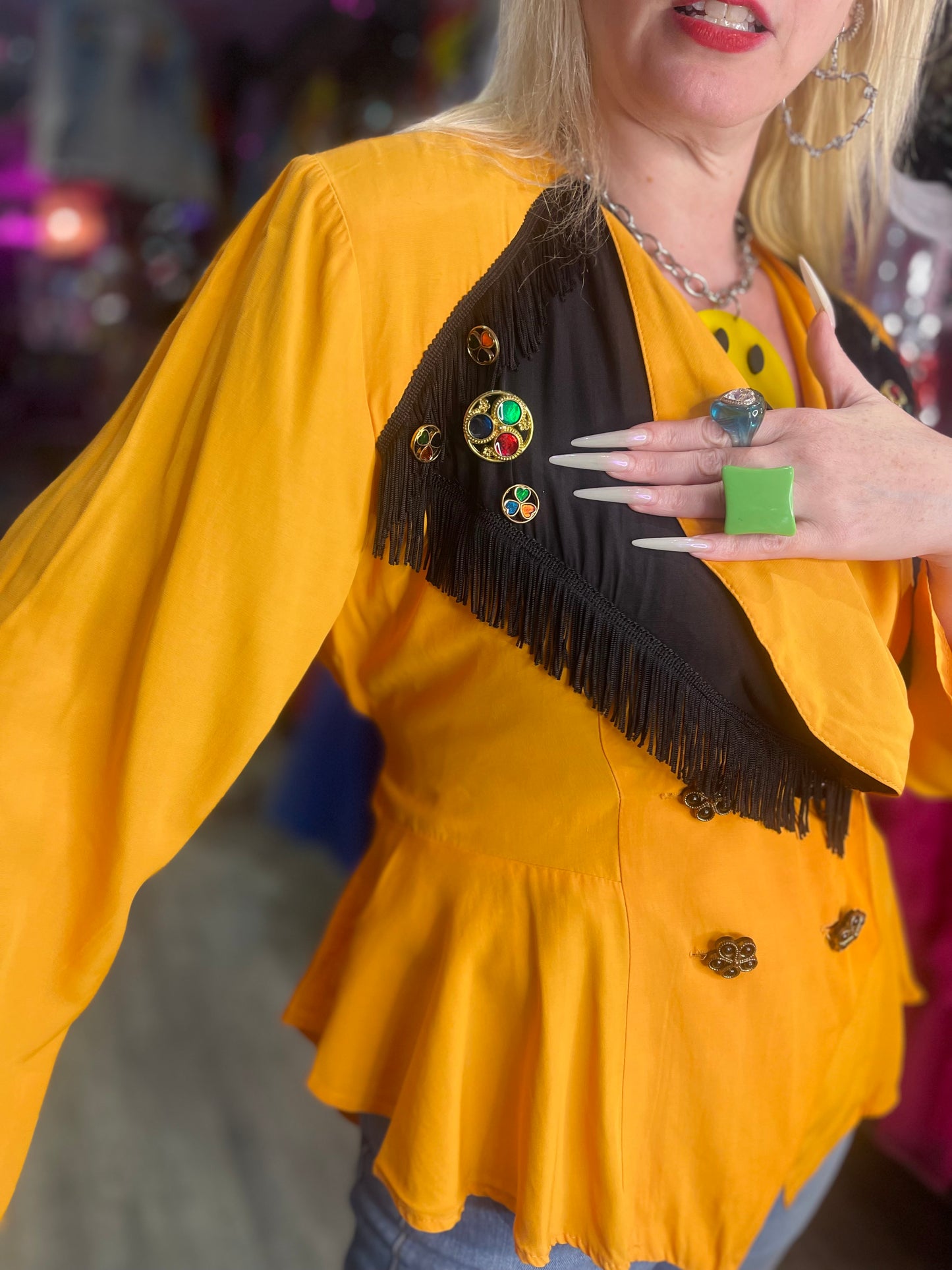 Vintage 90s Yellow Bedazzled Studded Fringe Jacket