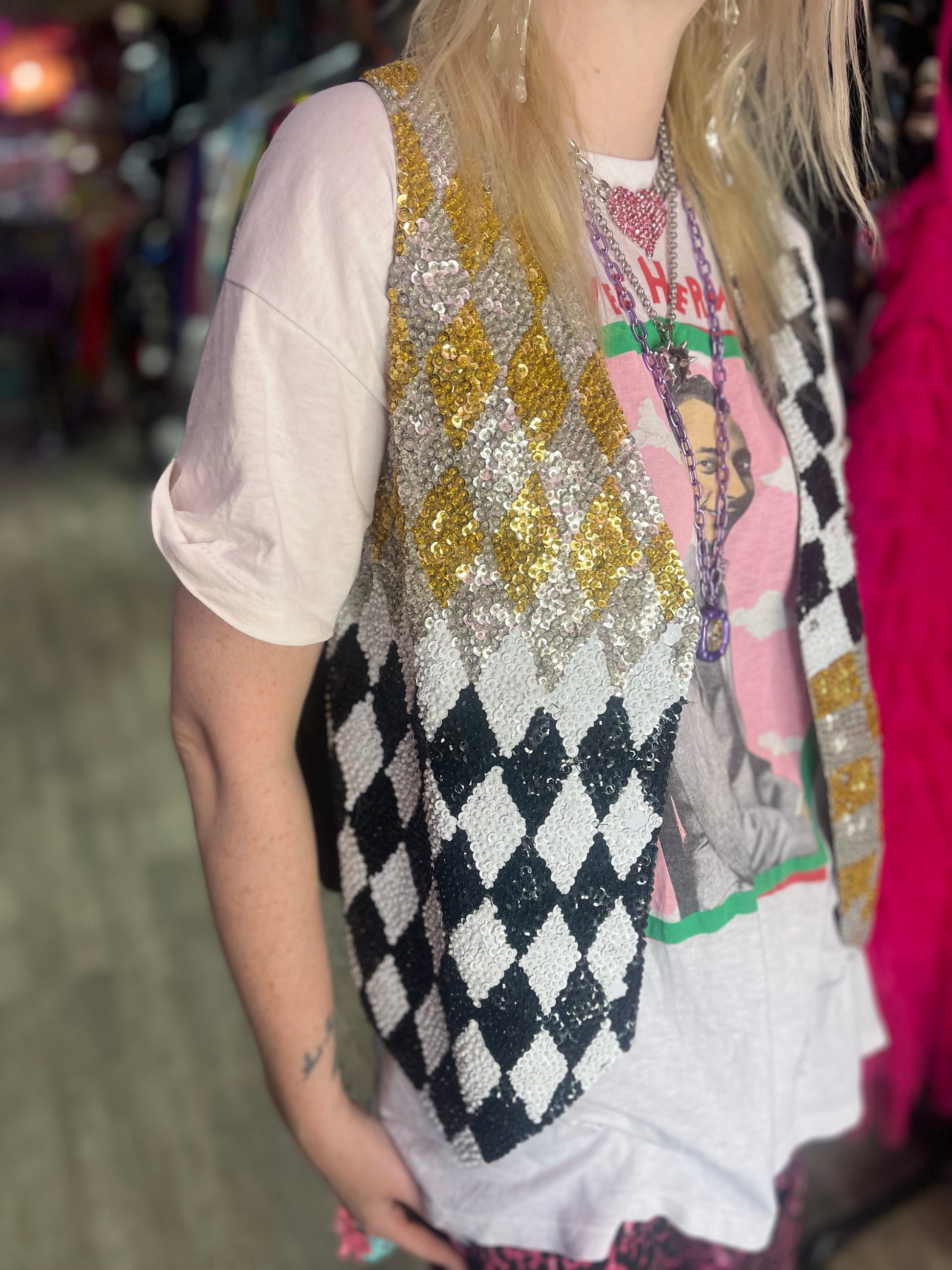 Vintage 90s Sequin Harlequin Theme Sequin  Vest - Spark Pretty