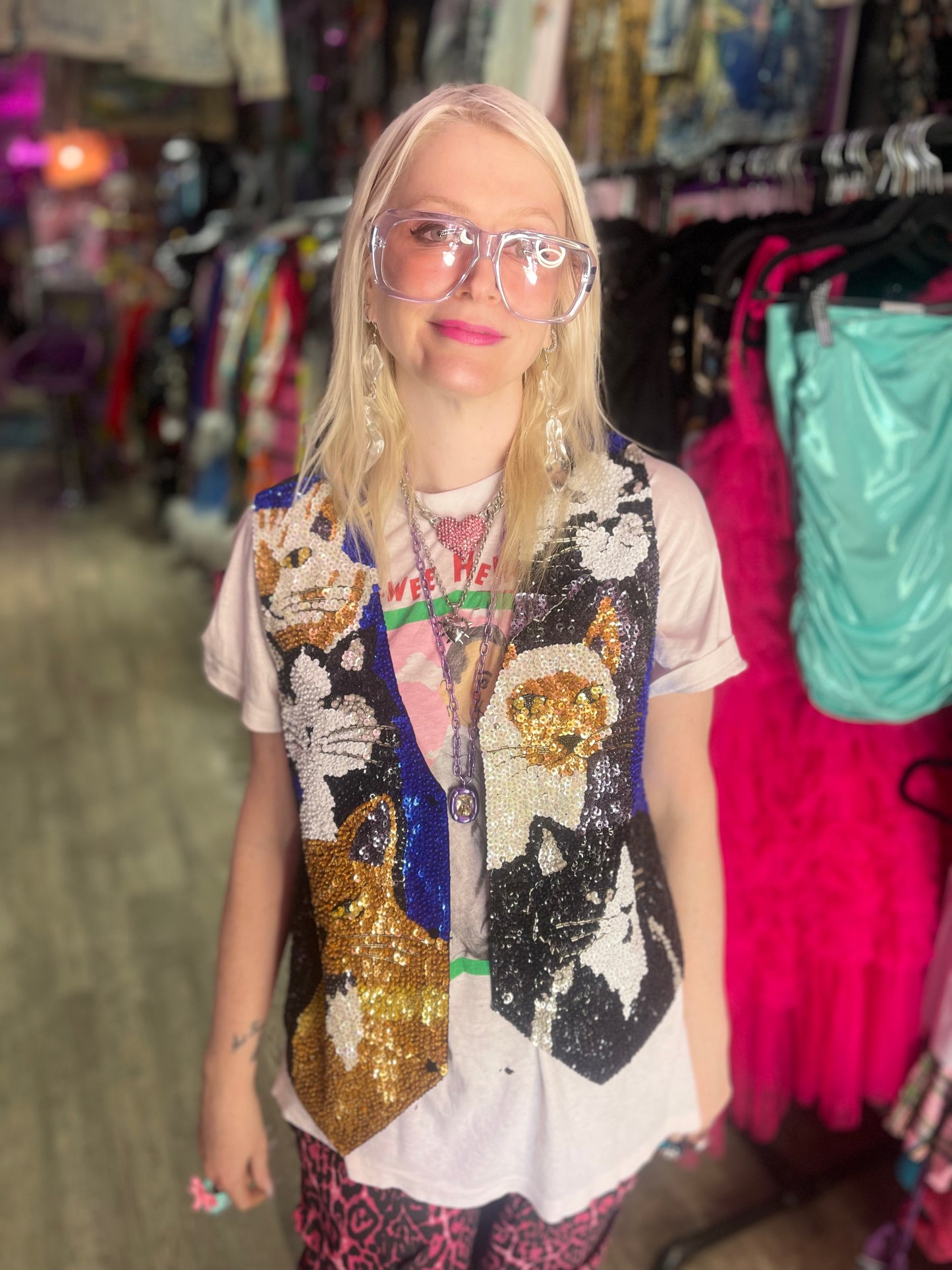 Vintage 90s Sequin Cats Theme Sequin Vest - Spark Pretty