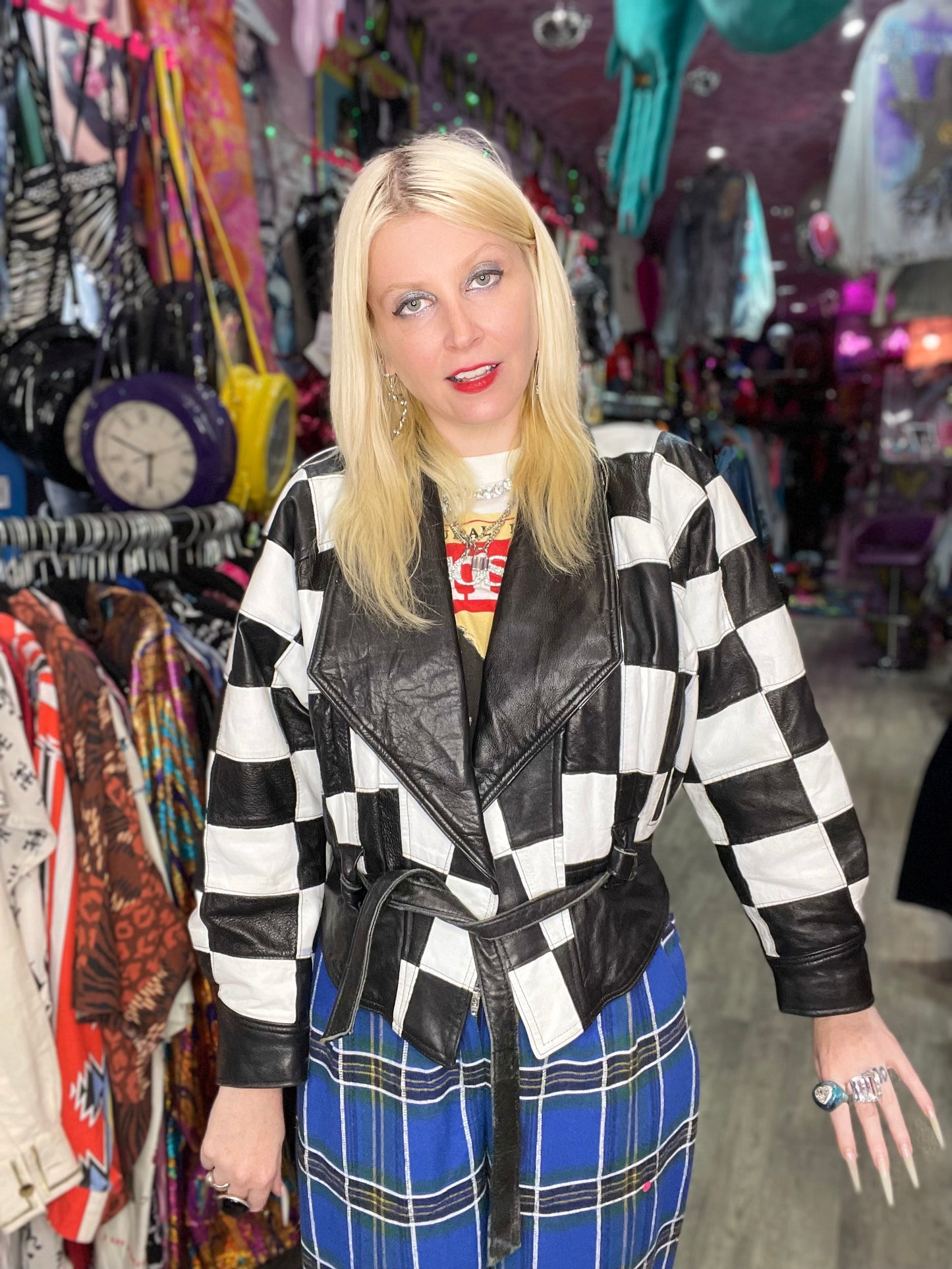 Vintage 80s Black & White Check Leather Jacket