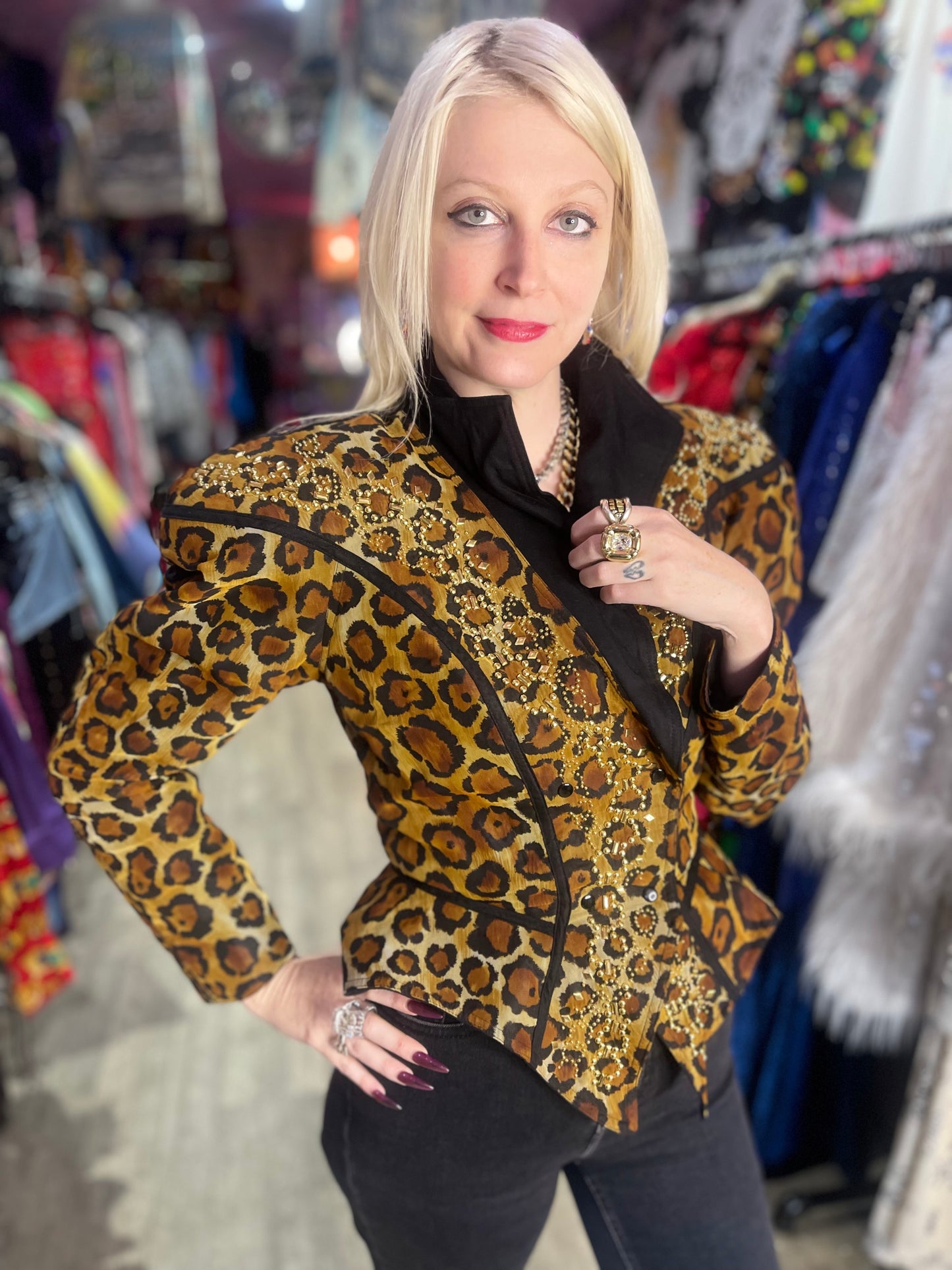 Vintage 90s Leopard Studded Peplum Fitted Jacket