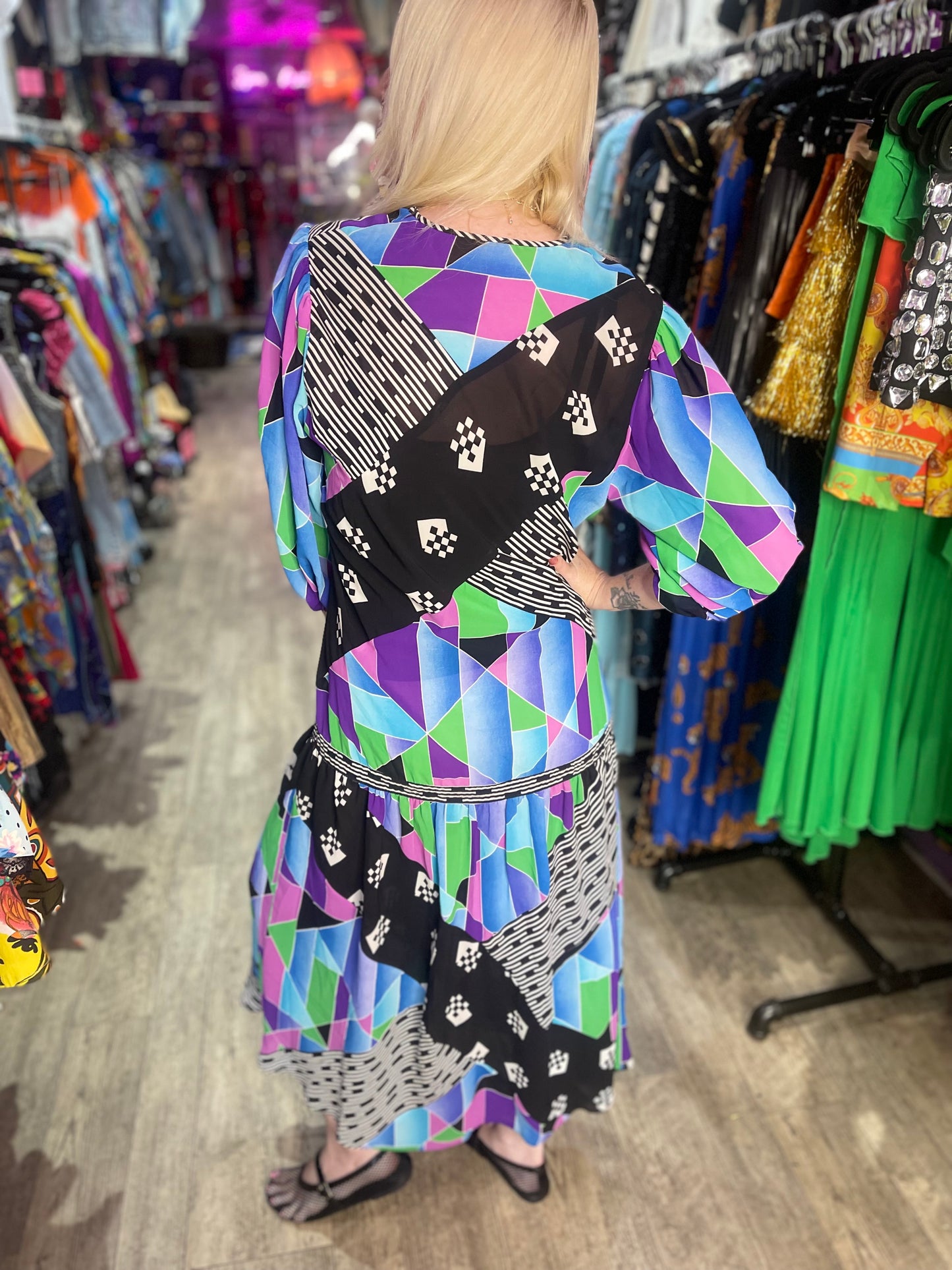Vintage 80s Geometric Print Maxi Dress