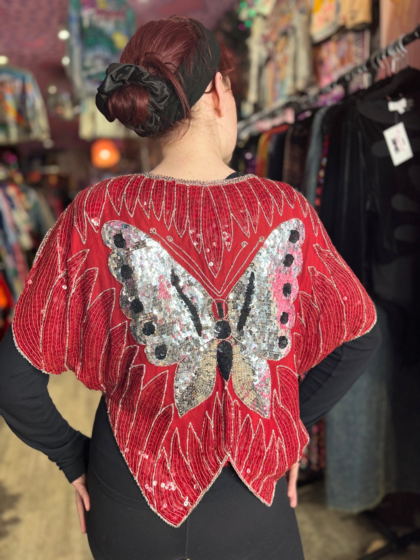 Vintage 80s Sequin Red Silver Butterfly Top