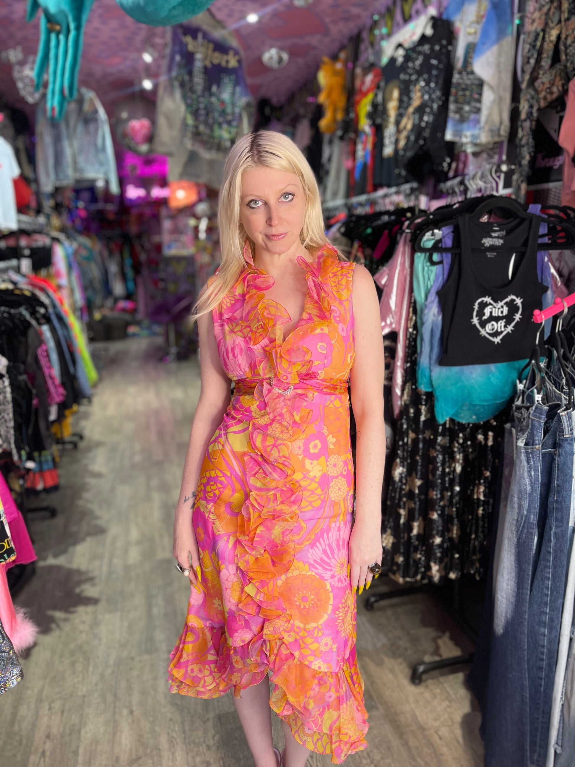 Vintage 60s 70s Groovy Ruffle Midi Dress - Spark Pretty