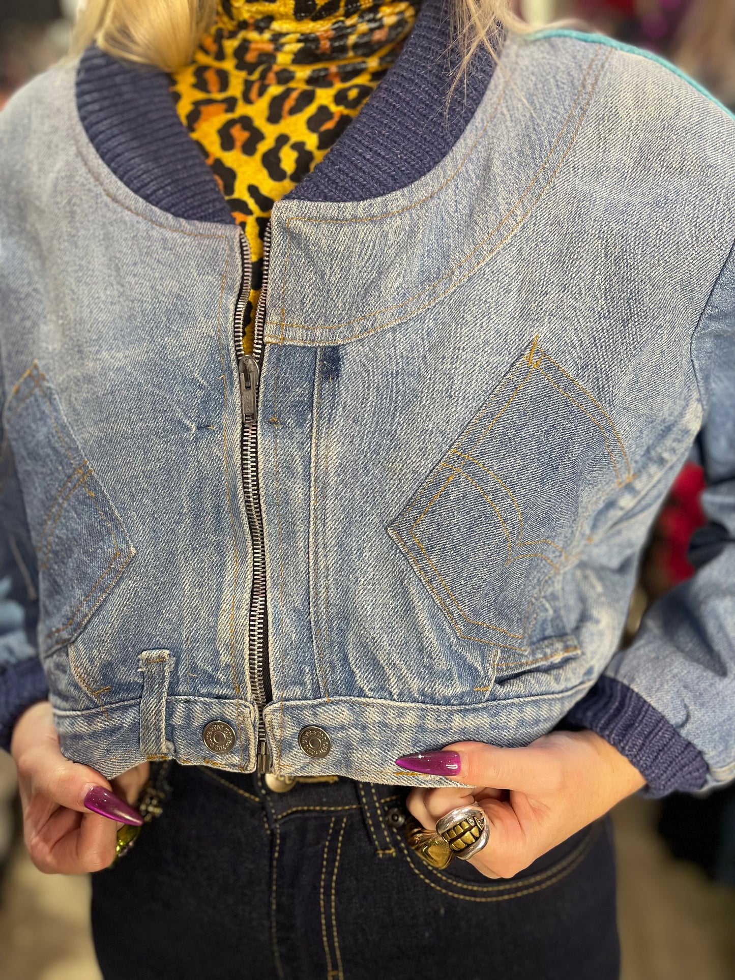 Vintage 80’s Cropped Patchwork Flintstones Jean Jacket