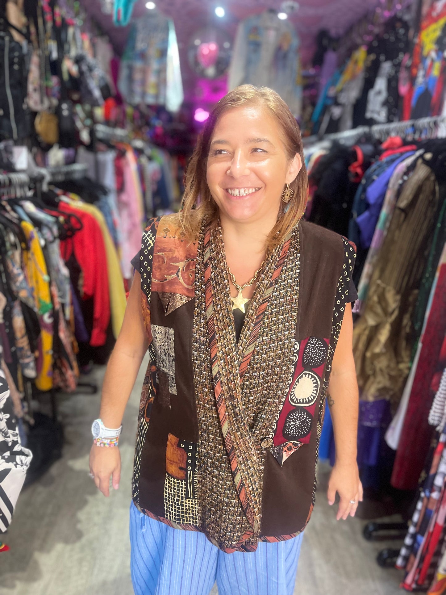Vintage 90s Mix Print Brown Vest