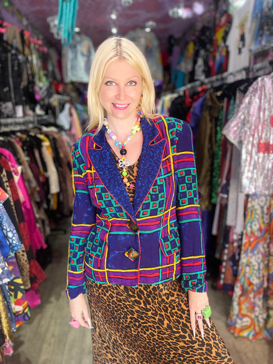 Vintage 90s Mix Print Colorful Geometric Blazer - Spark Pretty