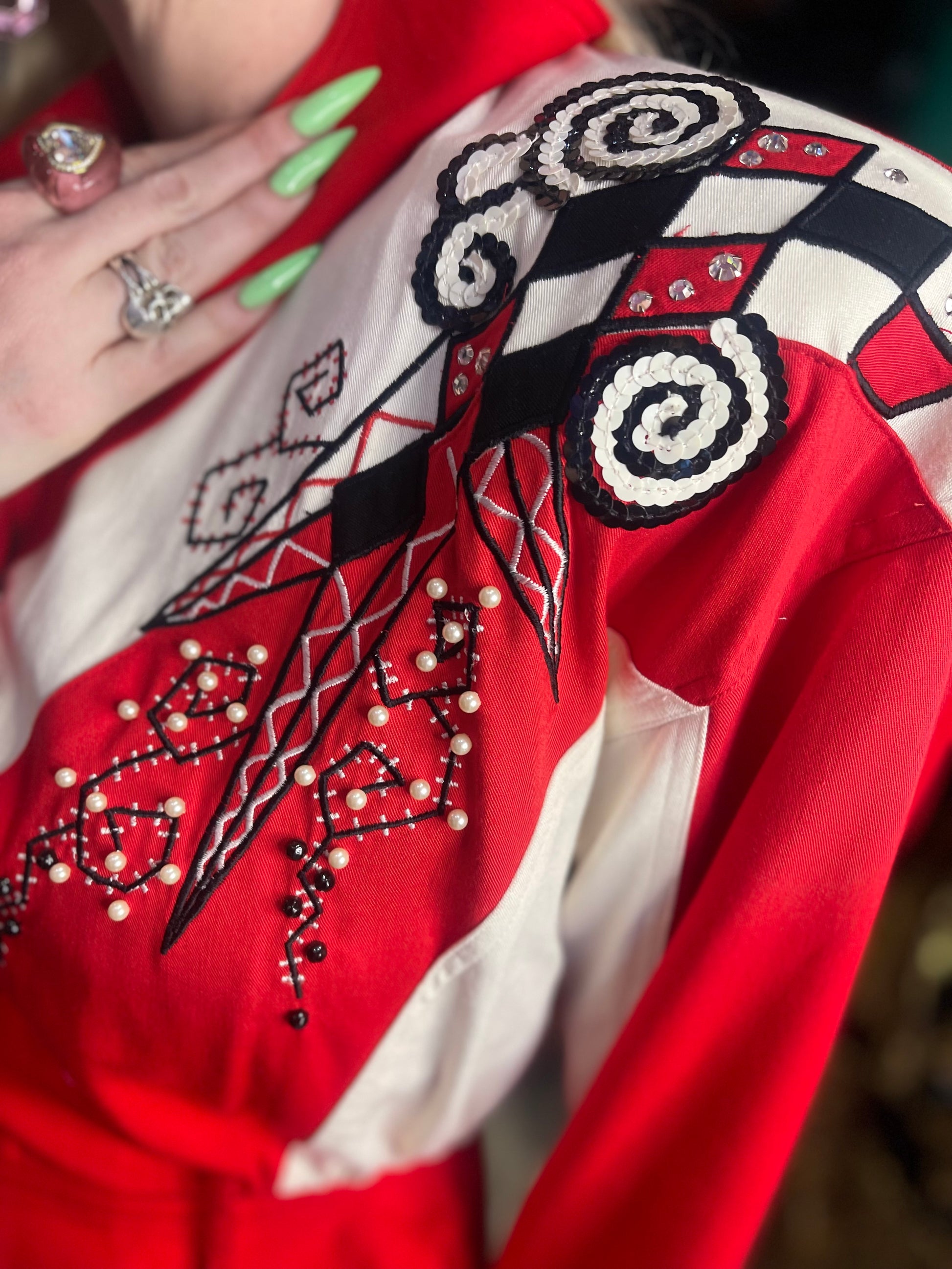 Vintage 90s Bedazzled Studded Red & White Jacket - Spark Pretty