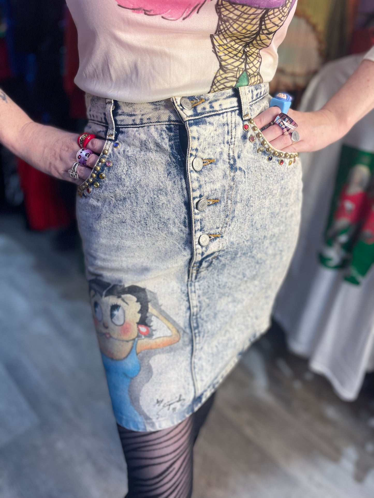 Vintage Acid Wash Betty Boop Denim Mini Skirt