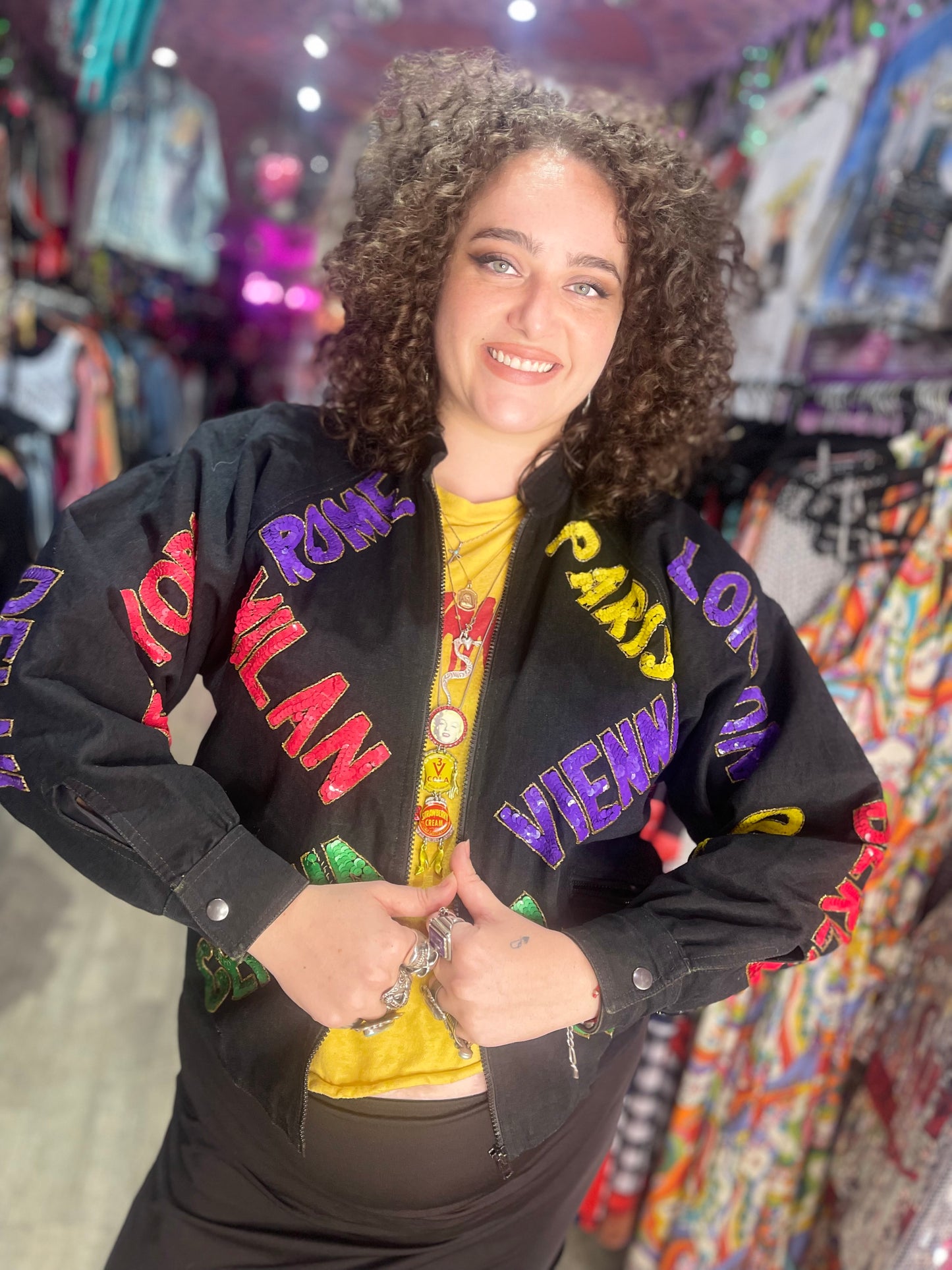 Vintage 90s Sequin City Theme Bomber Denim Jacket