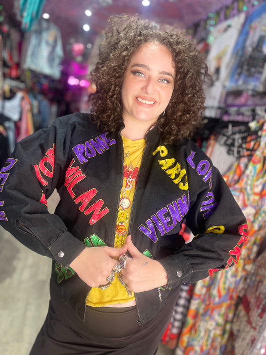 Vintage 90s Sequin City Theme Bomber Denim Jacket - Spark Pretty