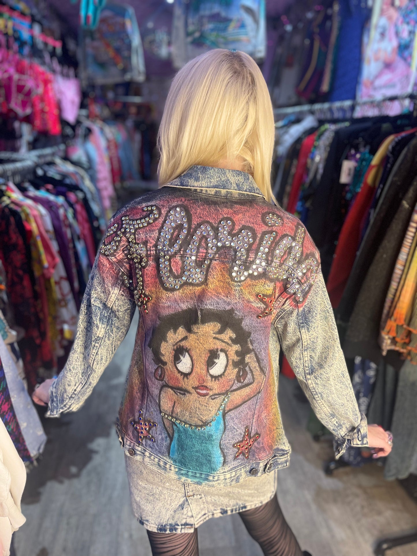 Vintage Acid Wash Betty Boop Rhinestone painted Jean jacket