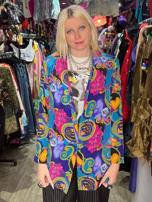 Vintage 90s Mix Print Colorful Geometric Hearts Blazer - Spark Pretty
