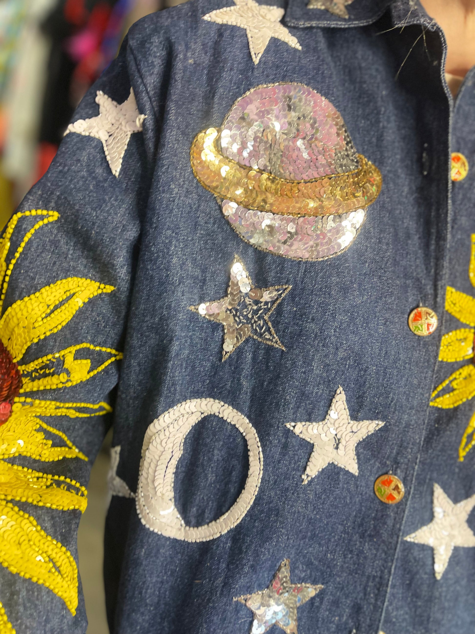 Vintage 90s Sequin Suns Celestial Denim Jacket - Spark Pretty