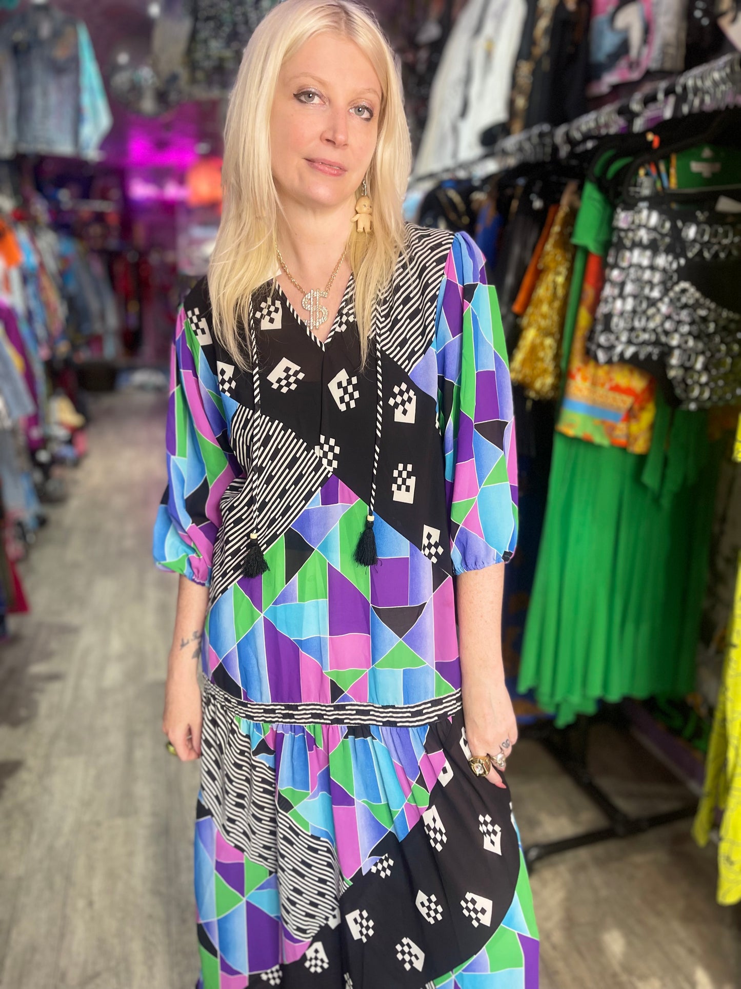 Vintage 80s Geometric Print Maxi Dress