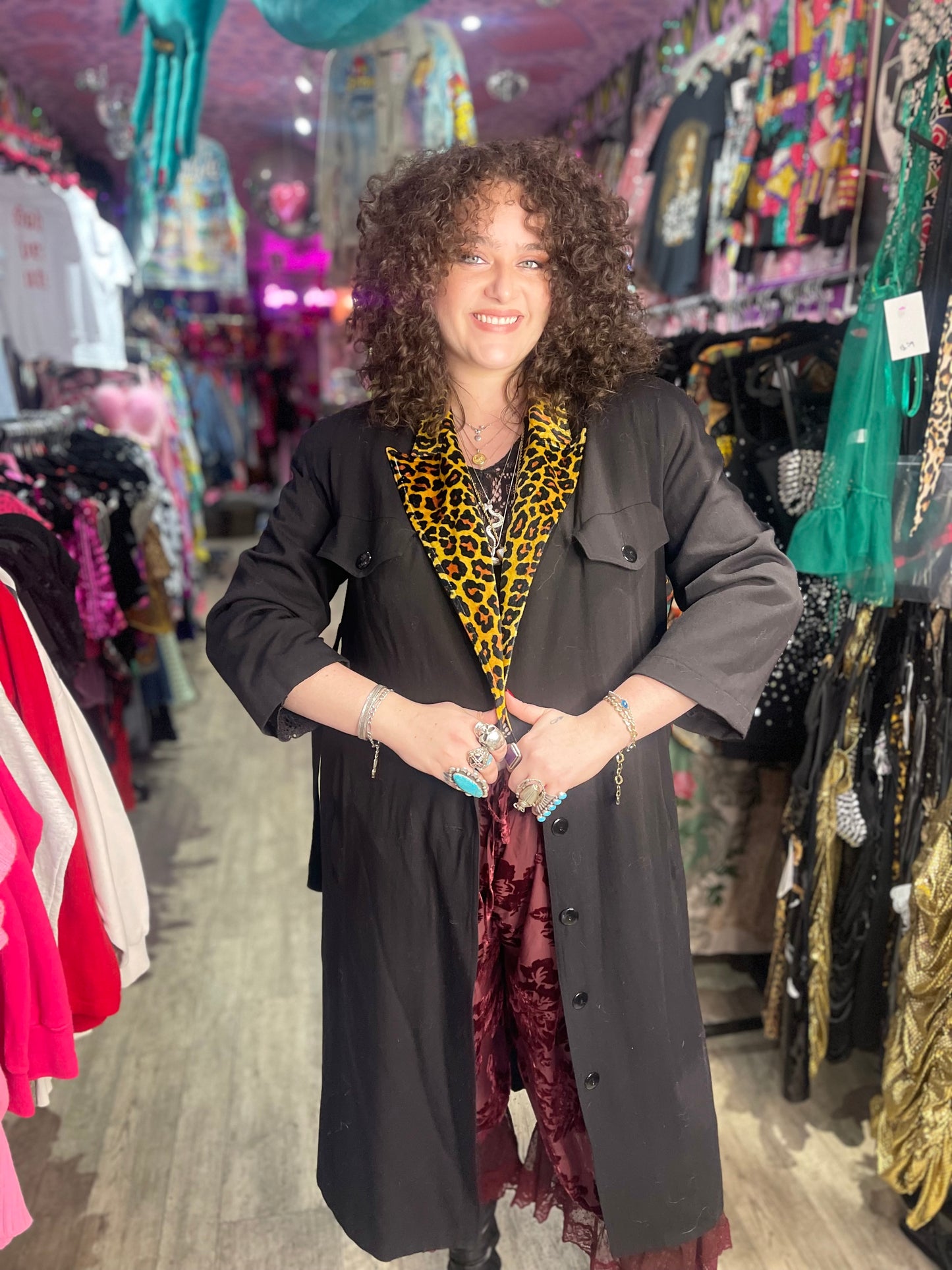 Vintage 80s Black and Leopard Trench Coat - Spark Pretty