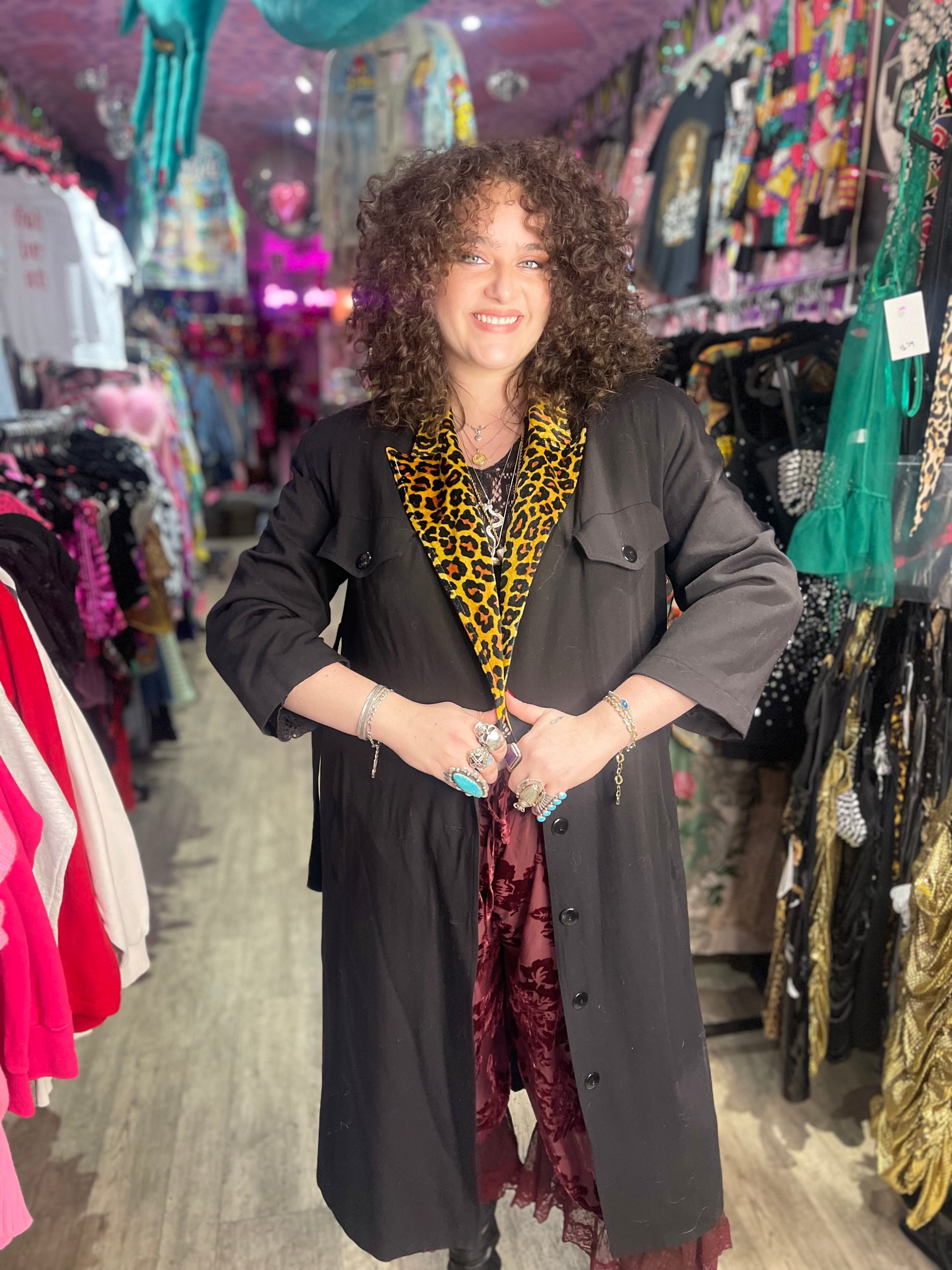 Vintage 80s Black and Leopard Trench Coat - Spark Pretty