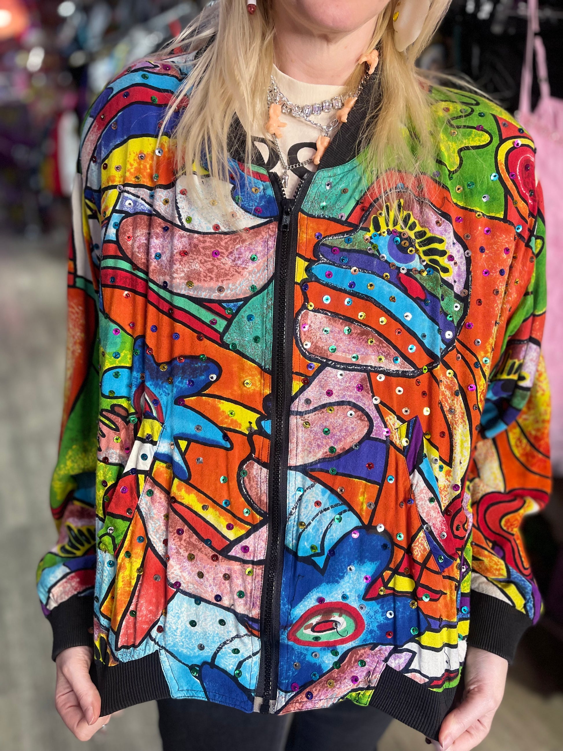 Vintage 90s Sequin Art Print Graphic Jacket - Spark Pretty