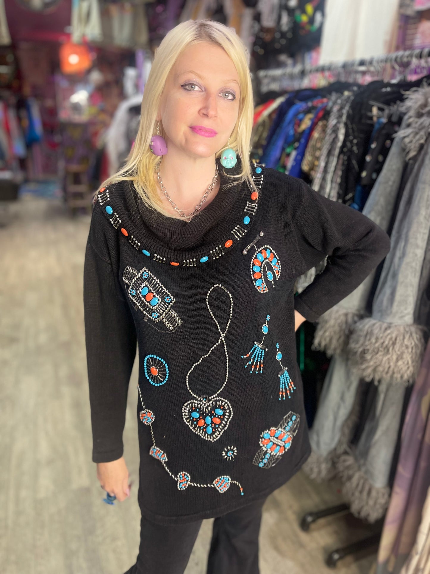 Vintage 80s Turquoise Beaded Sweater