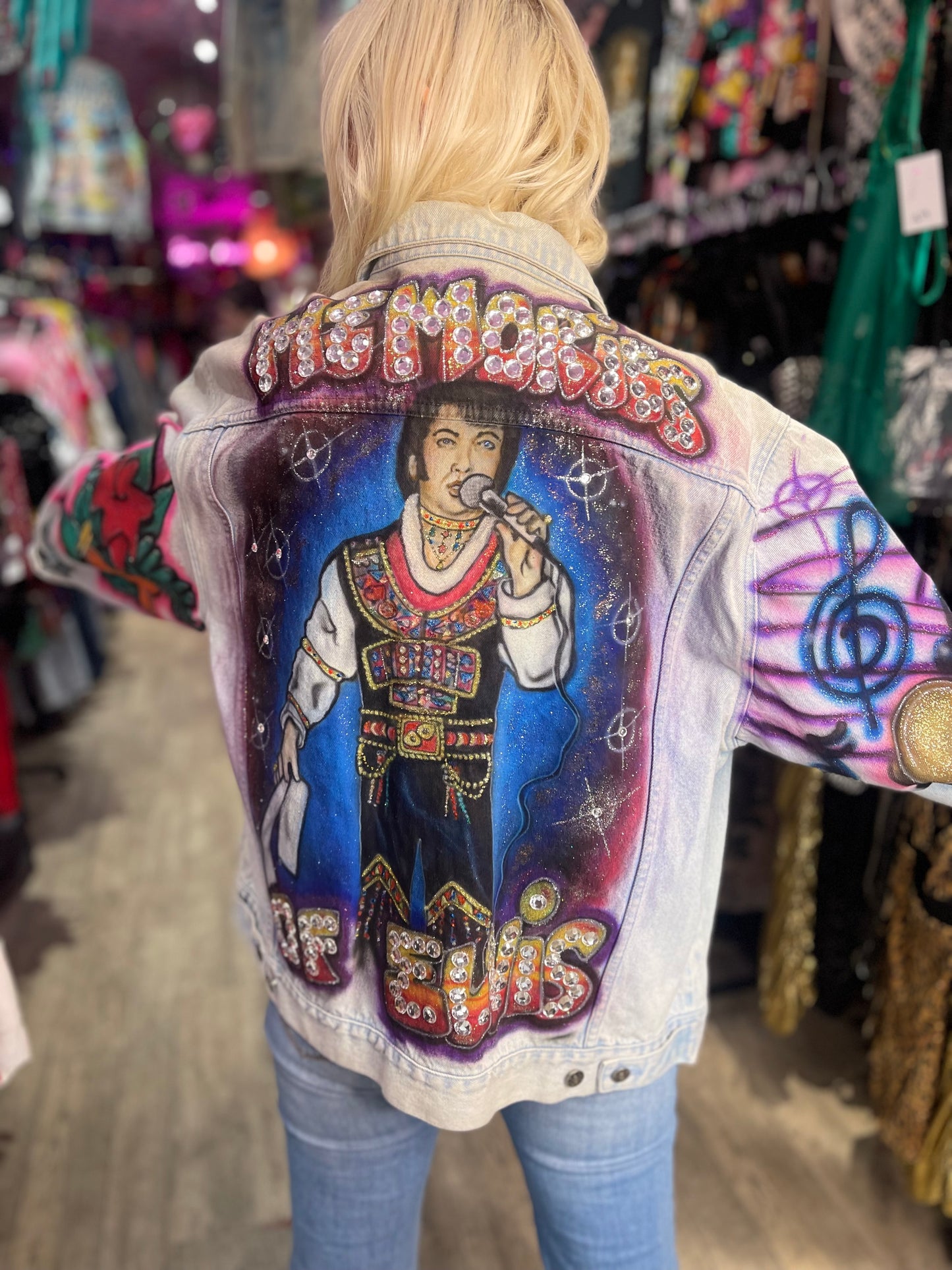 Vintage 80s Painted Bedazzled Elvis Jean Jacket - Spark Pretty