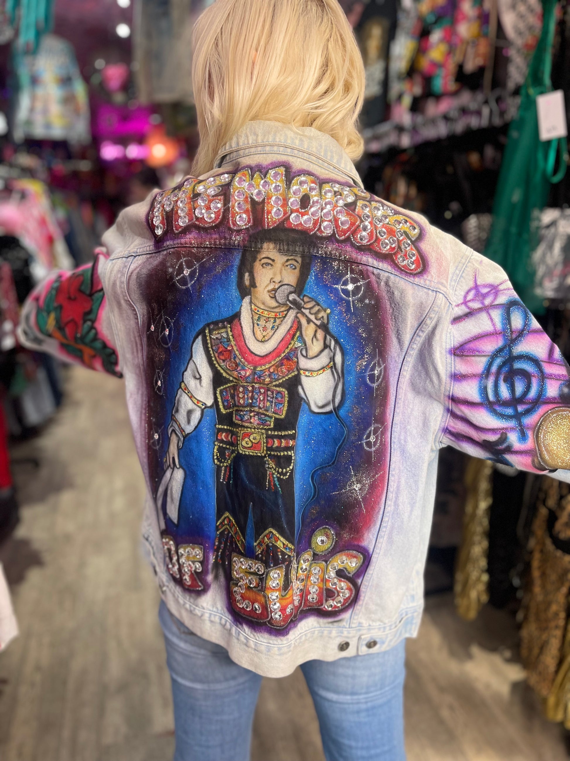 Vintage 80s Painted Bedazzled Elvis Jean Jacket - Spark Pretty