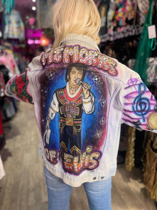 Vintage 80s Painted Bedazzled Elvis Jean Jacket - Spark Pretty
