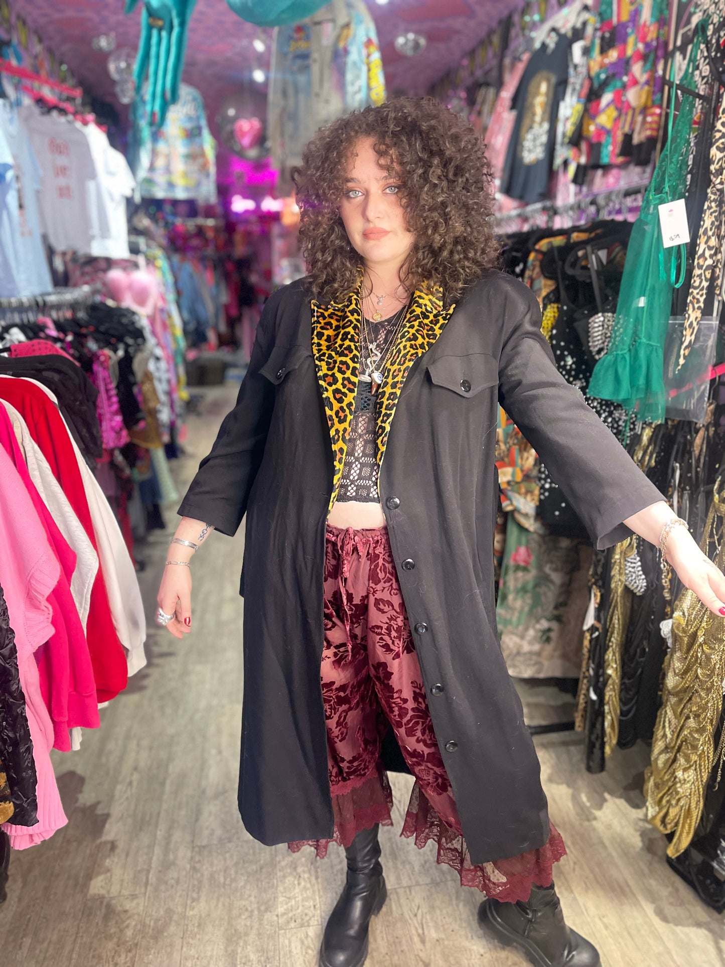 Vintage 80s Black and Leopard Trench Coat - Spark Pretty