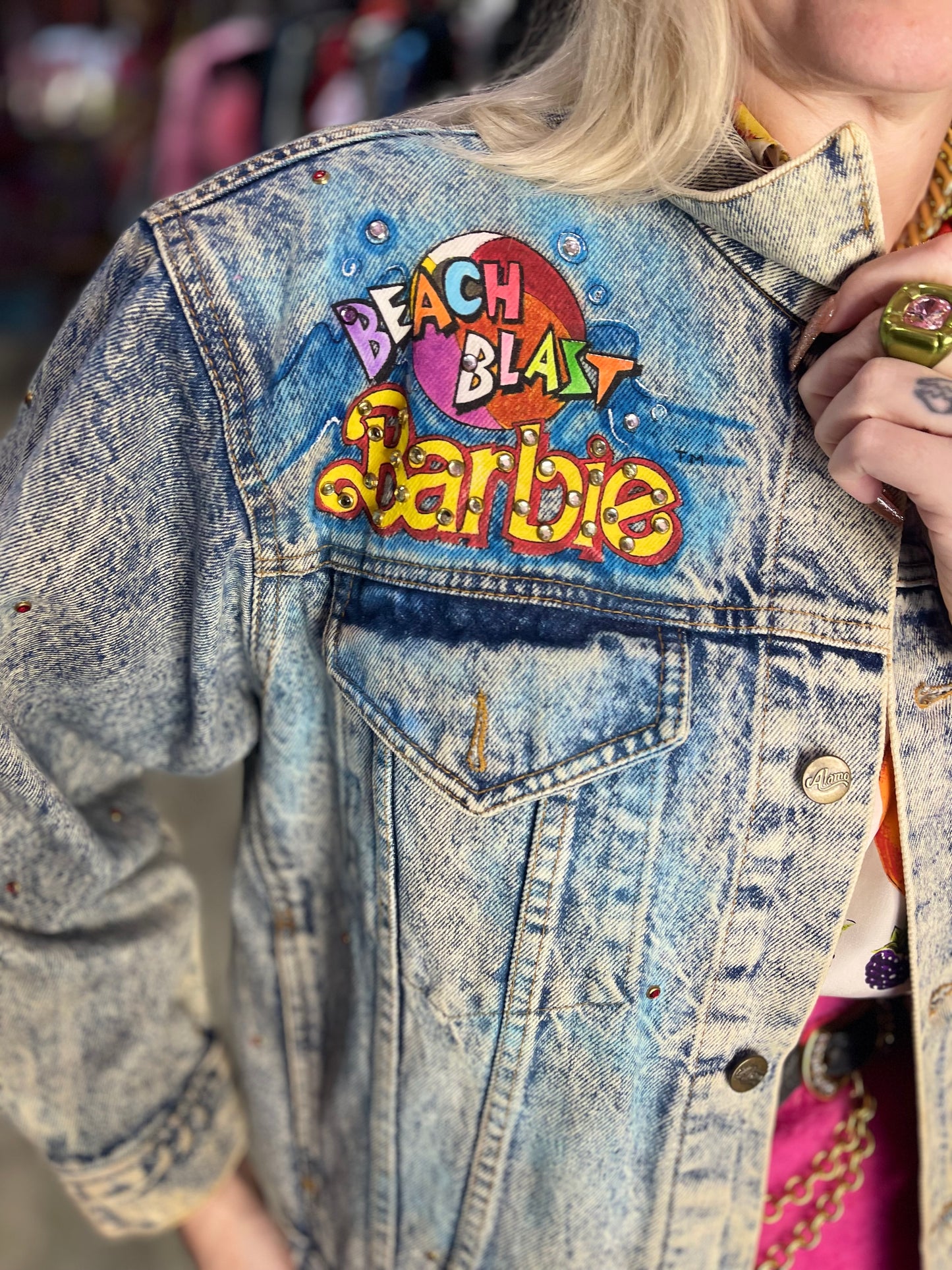 Vintage 1987 Hand Painted and Bedazzled Barbie Beach Blast Jean Jacket