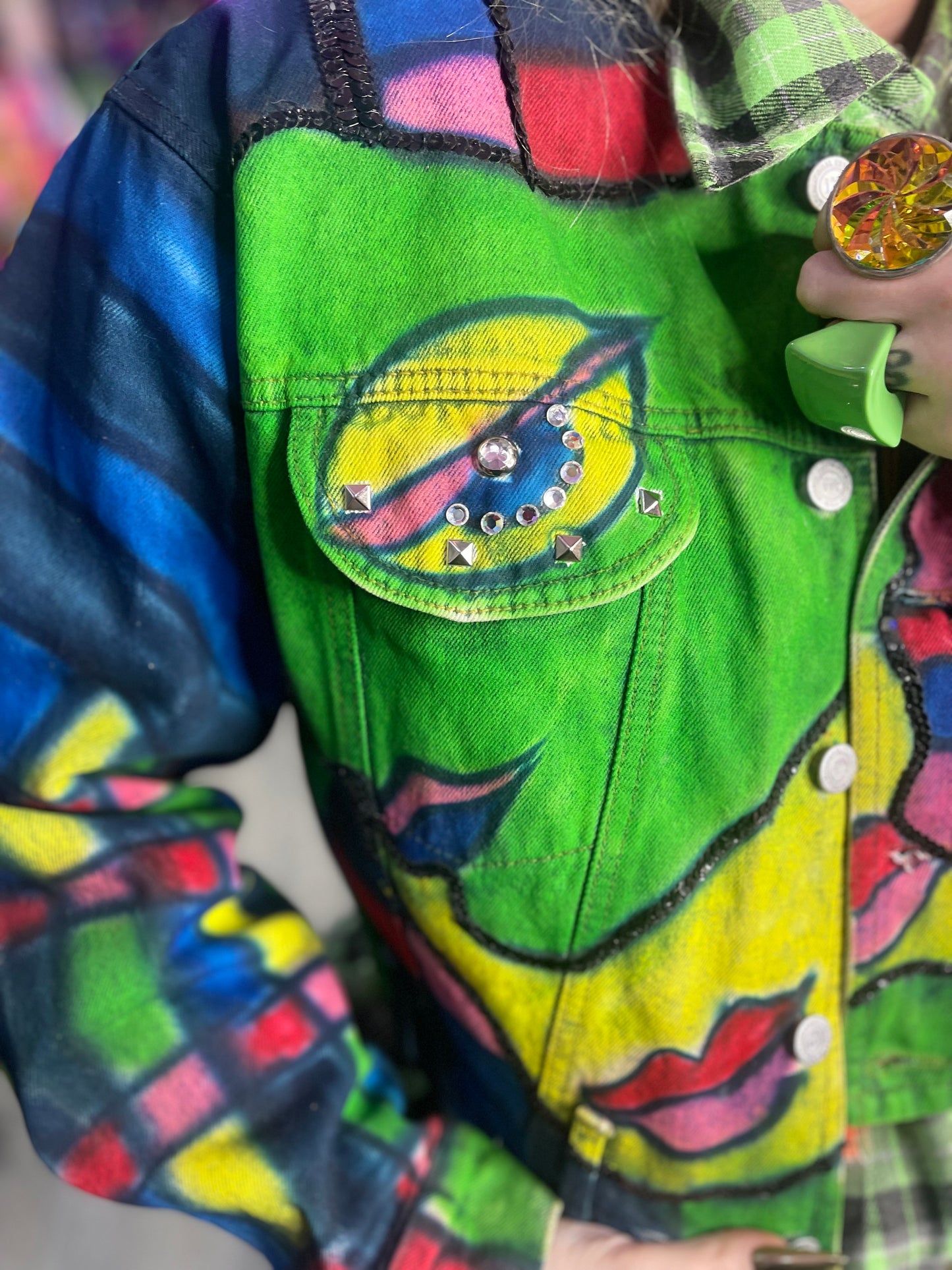 Vintage 80s Geometric Painted Faces Denim Jacket - Spark Pretty