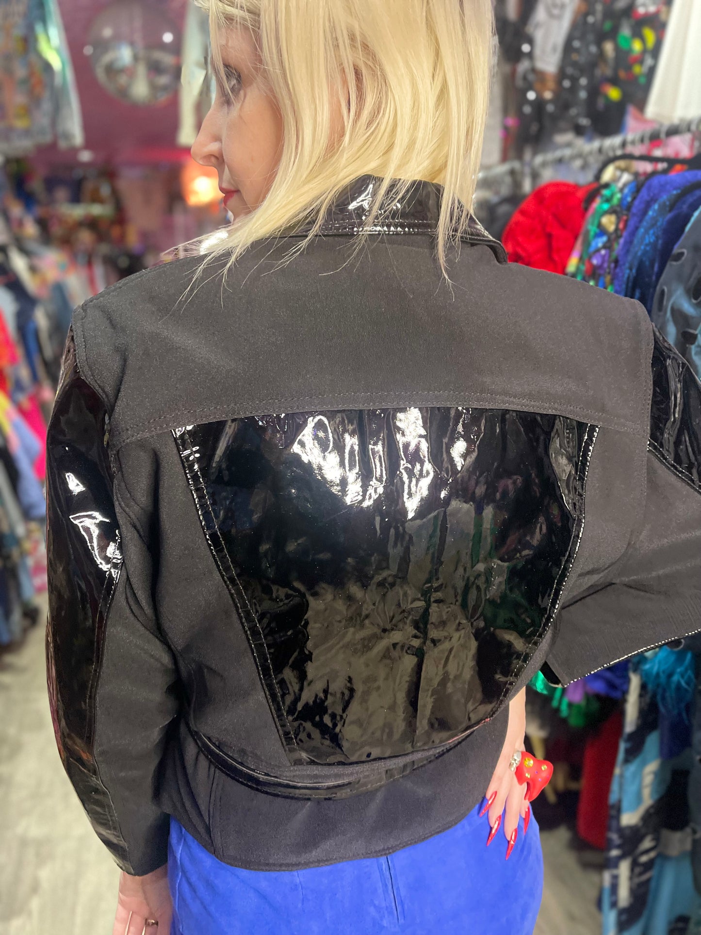 Vintage 80s Vinyl Patched Cropped Moto Jacket