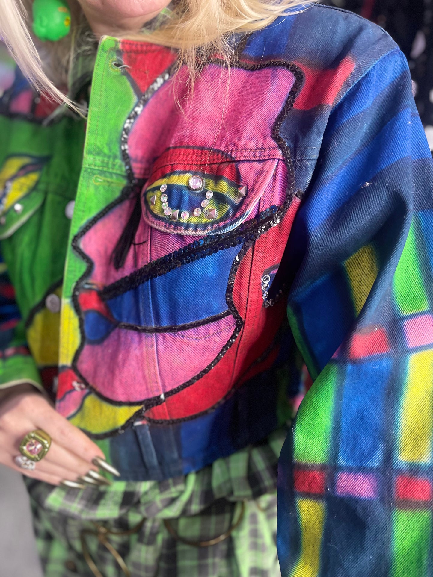 Vintage 80s Geometric Painted Faces Denim Jacket - Spark Pretty