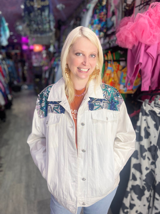 Vintage 90s White Jean Jacket with Sequins